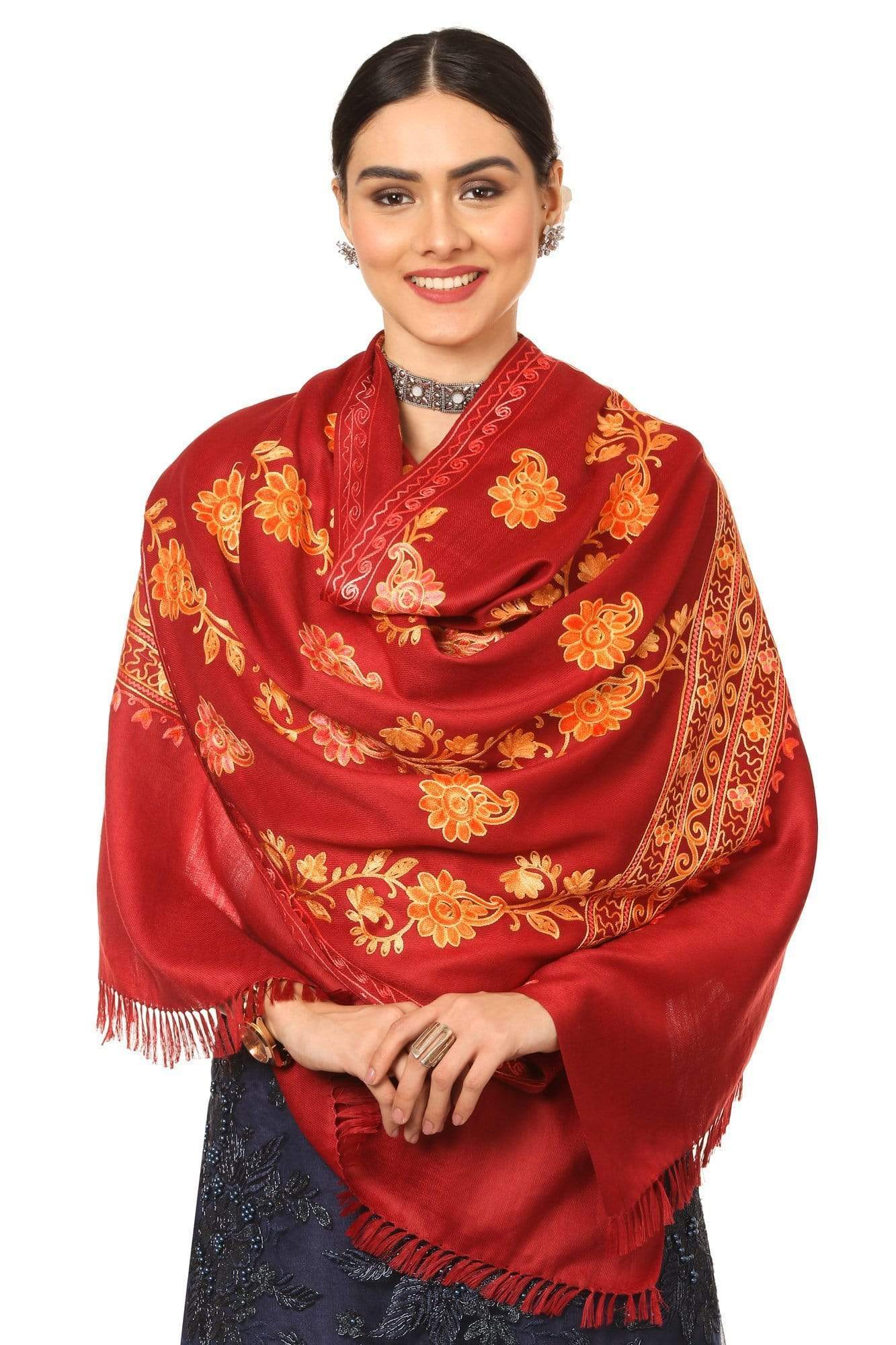 Pashtush India 100x200 Pashtush Kashmiri Aari Embroidery Stole, Fine Wool, Maroon