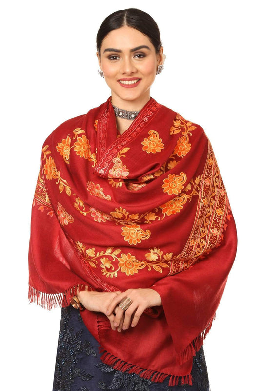Pashtush India 100x200 Pashtush Kashmiri Aari Embroidery Stole, Fine Wool, Maroon