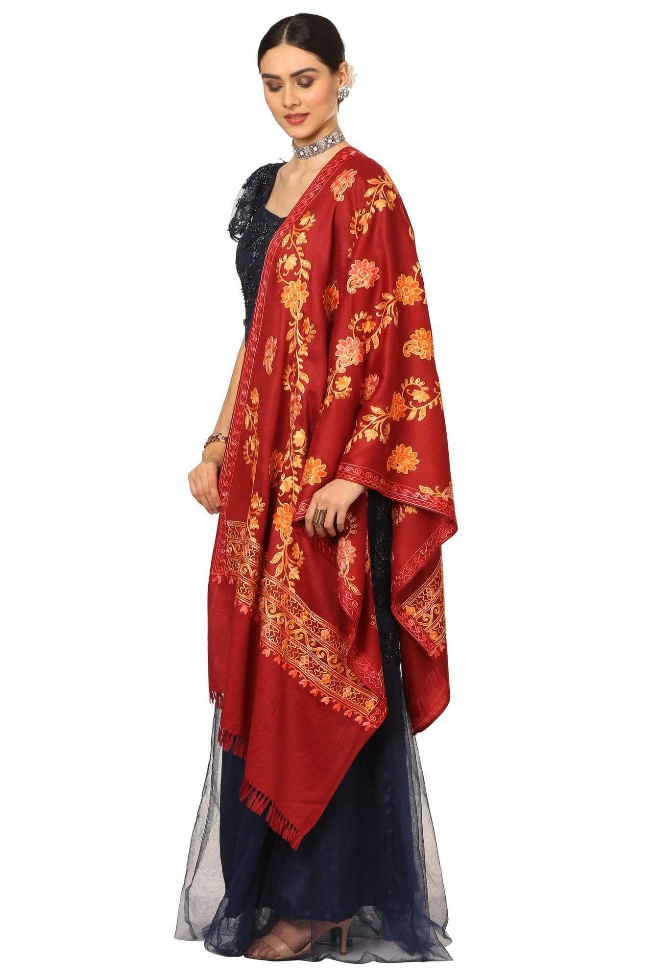 Pashtush India 100x200 Pashtush Kashmiri Aari Embroidery Stole, Fine Wool, Maroon