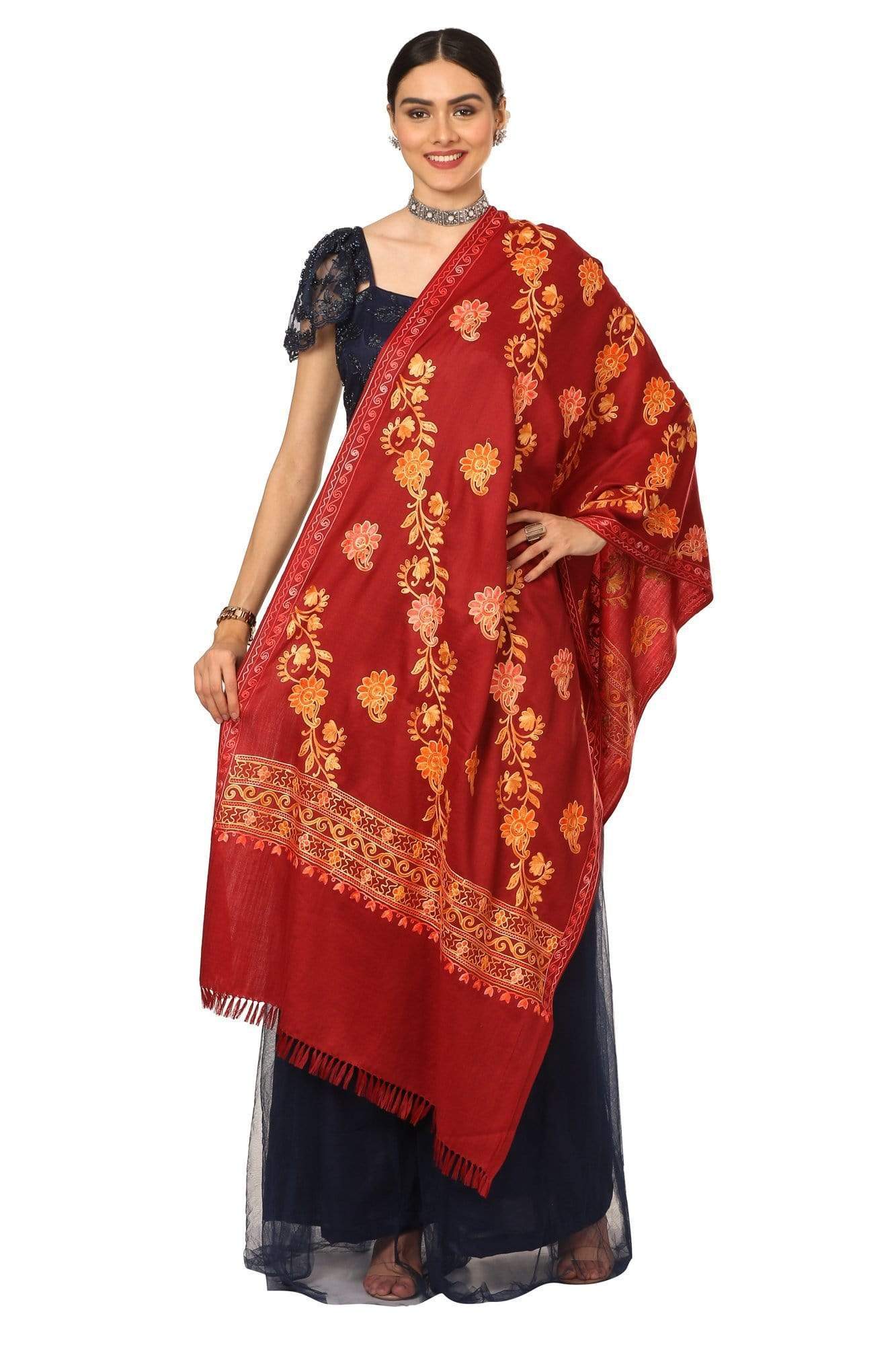 Pashtush India 100x200 Pashtush Kashmiri Aari Embroidery Stole, Fine Wool, Maroon