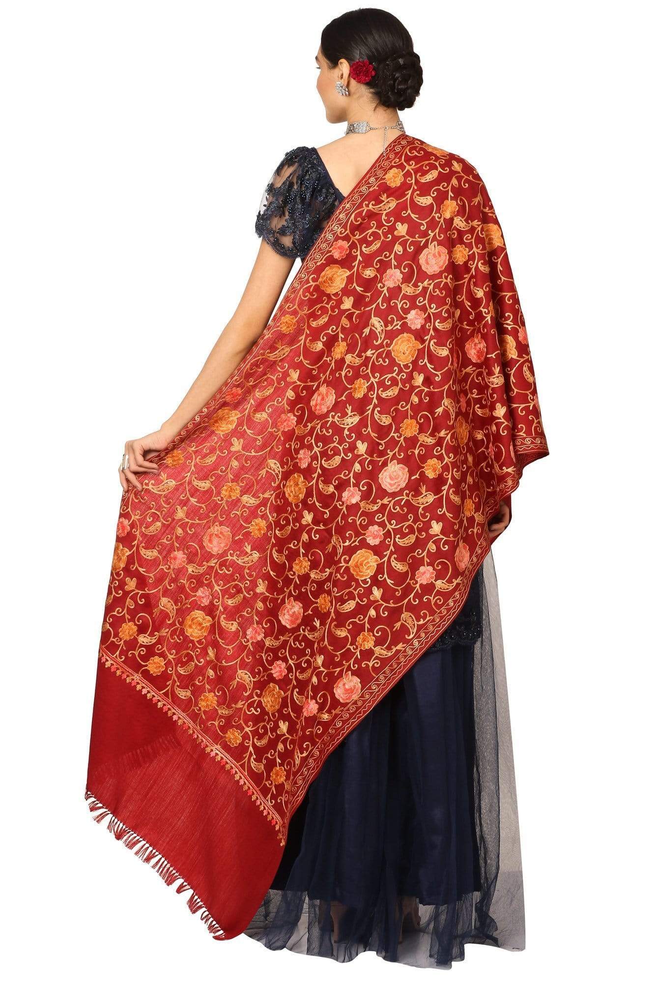 Pashtush India 100x200 Pashtush Kashmiri Aari Embroidery Stole, Fine Wool, Maroon