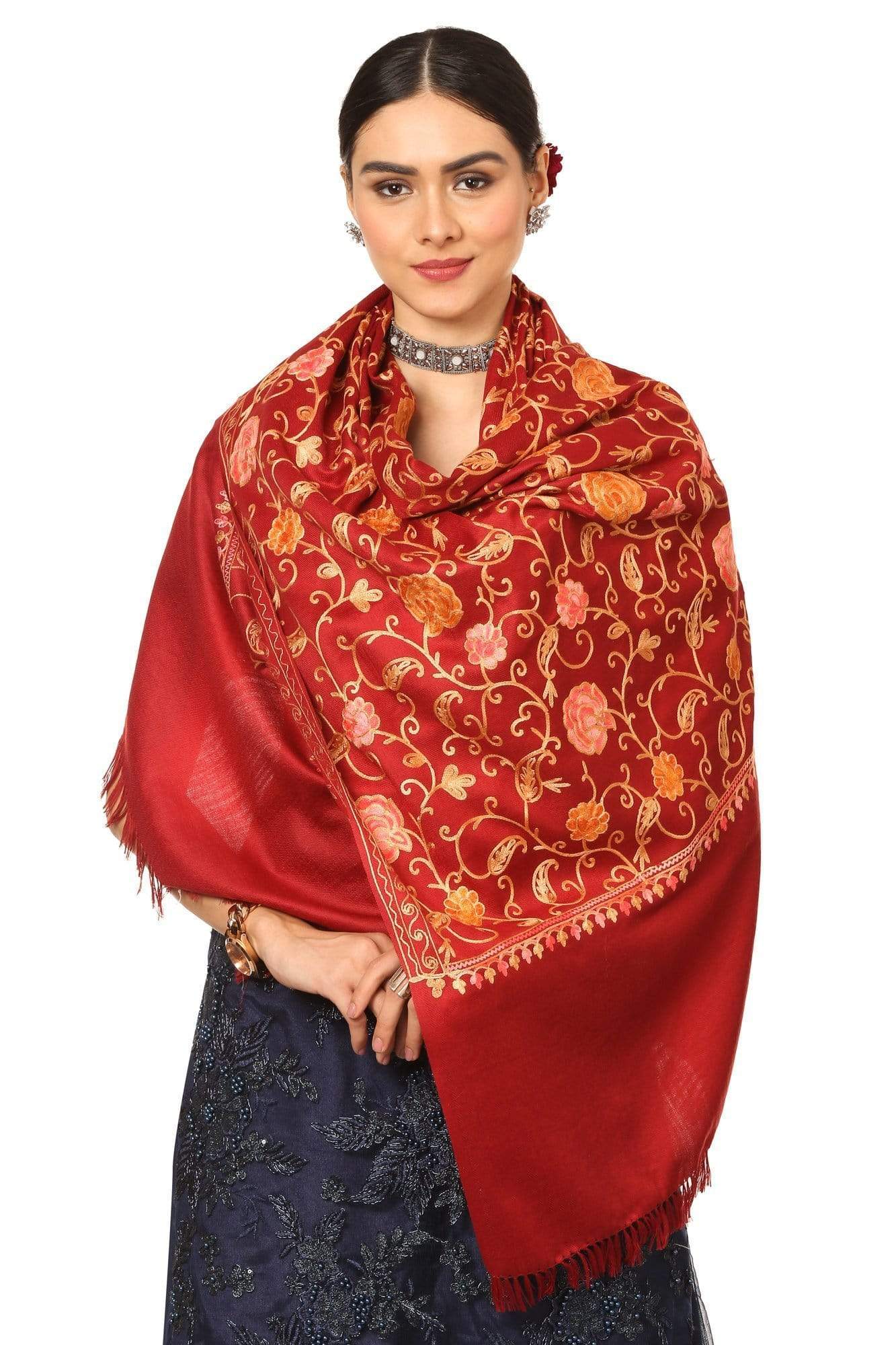 Pashtush India 100x200 Pashtush Kashmiri Aari Embroidery Stole, Fine Wool, Maroon