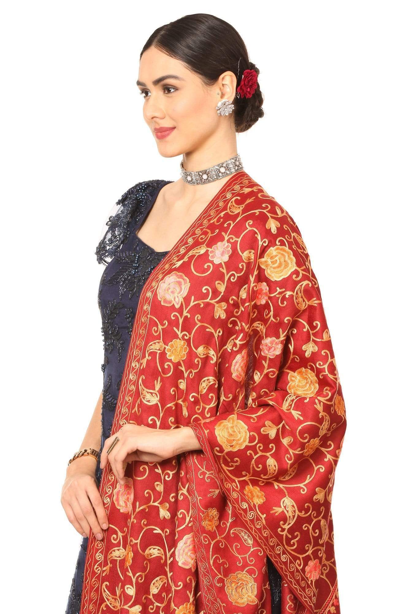 Pashtush India 100x200 Pashtush Kashmiri Aari Embroidery Stole, Fine Wool, Maroon