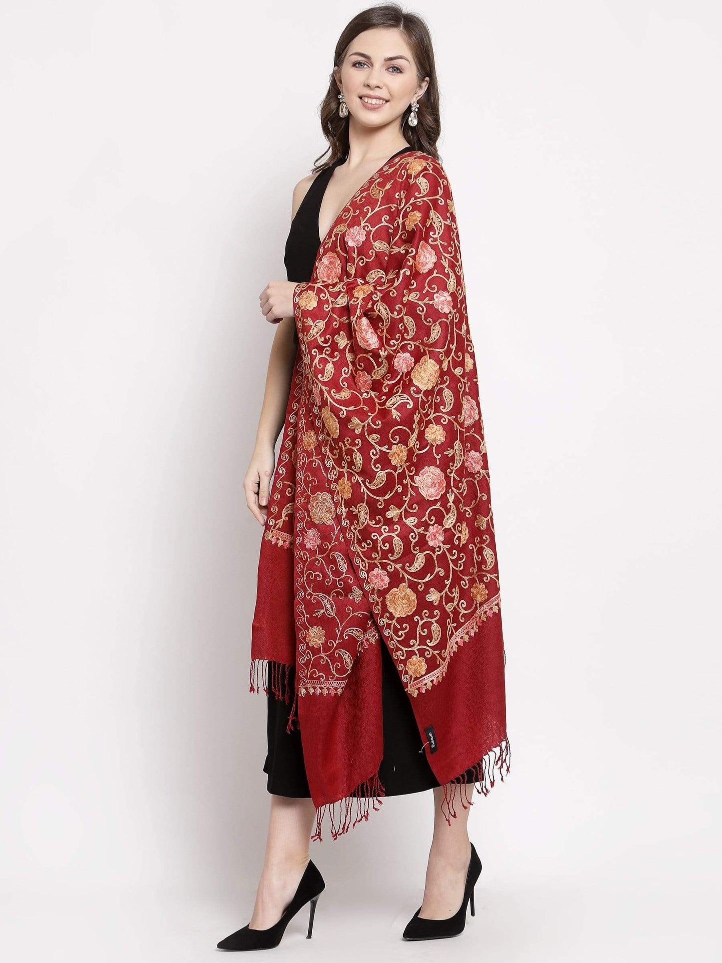 Pashtush India 100x200 Pashtush Kashmiri Aari Embroidery Stole, Fine Wool, Maroon