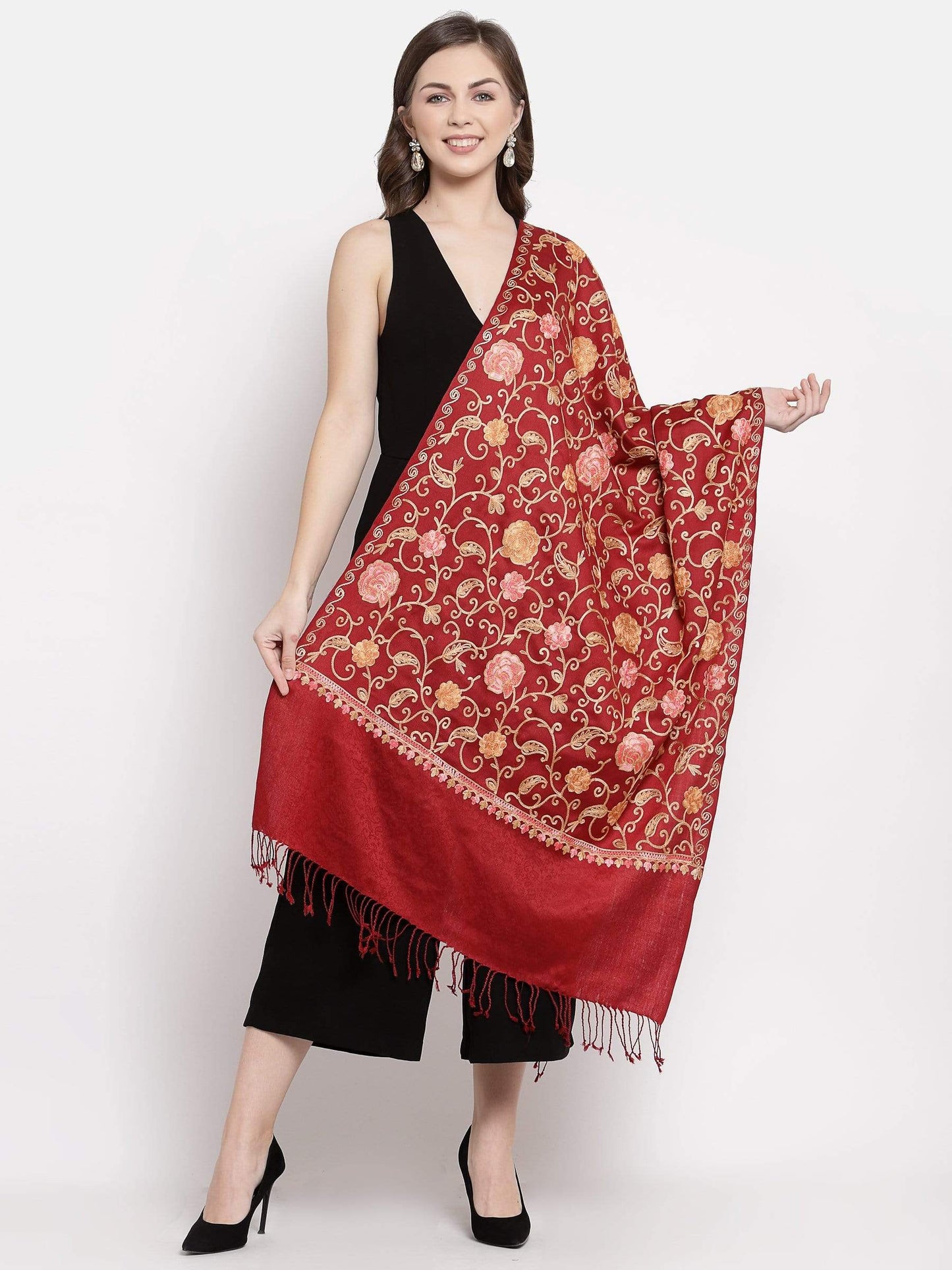 Pashtush India 100x200 Pashtush Kashmiri Aari Embroidery Stole, Fine Wool, Maroon
