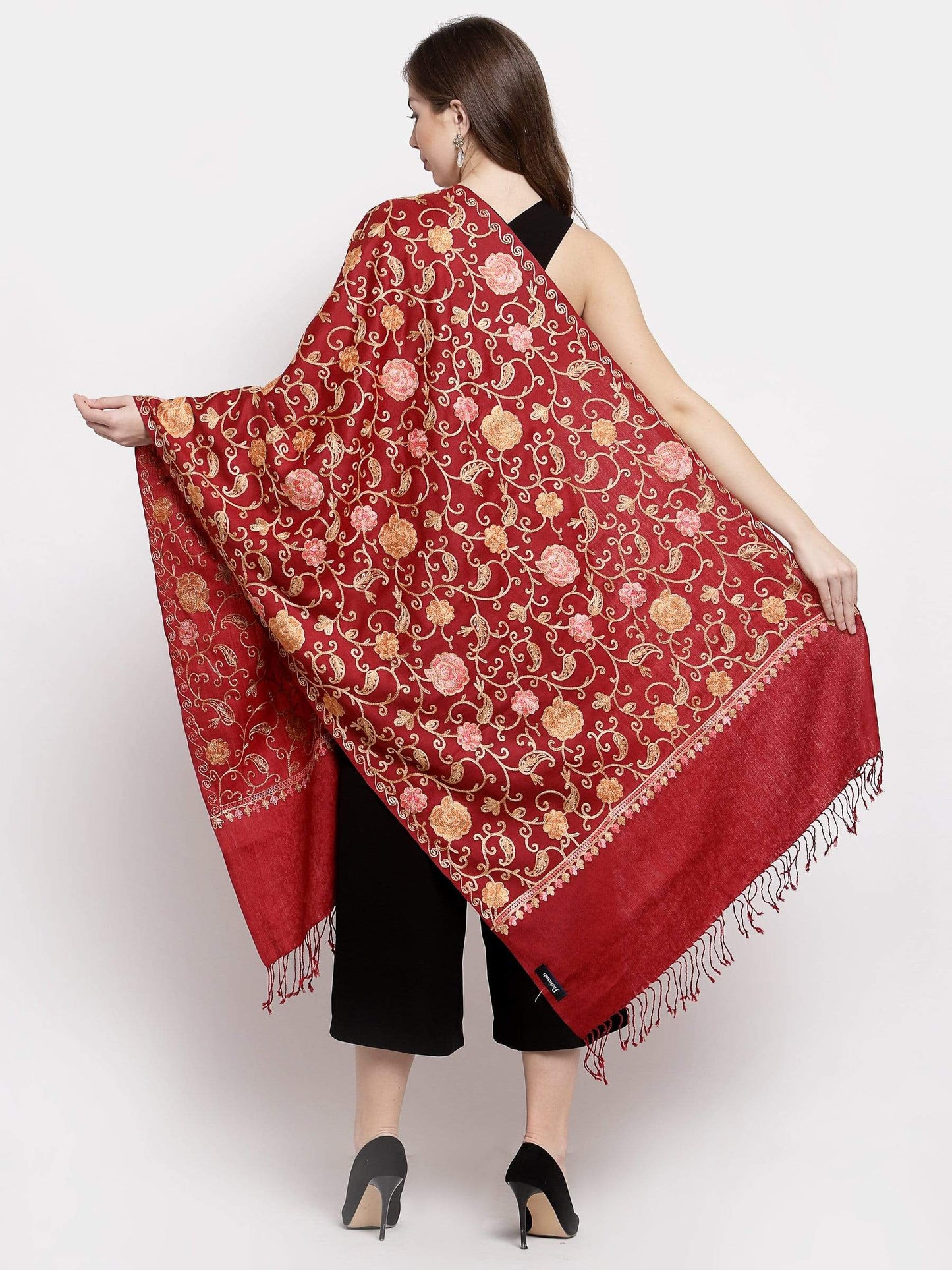 Pashtush India 100x200 Pashtush Kashmiri Aari Embroidery Stole, Fine Wool, Maroon