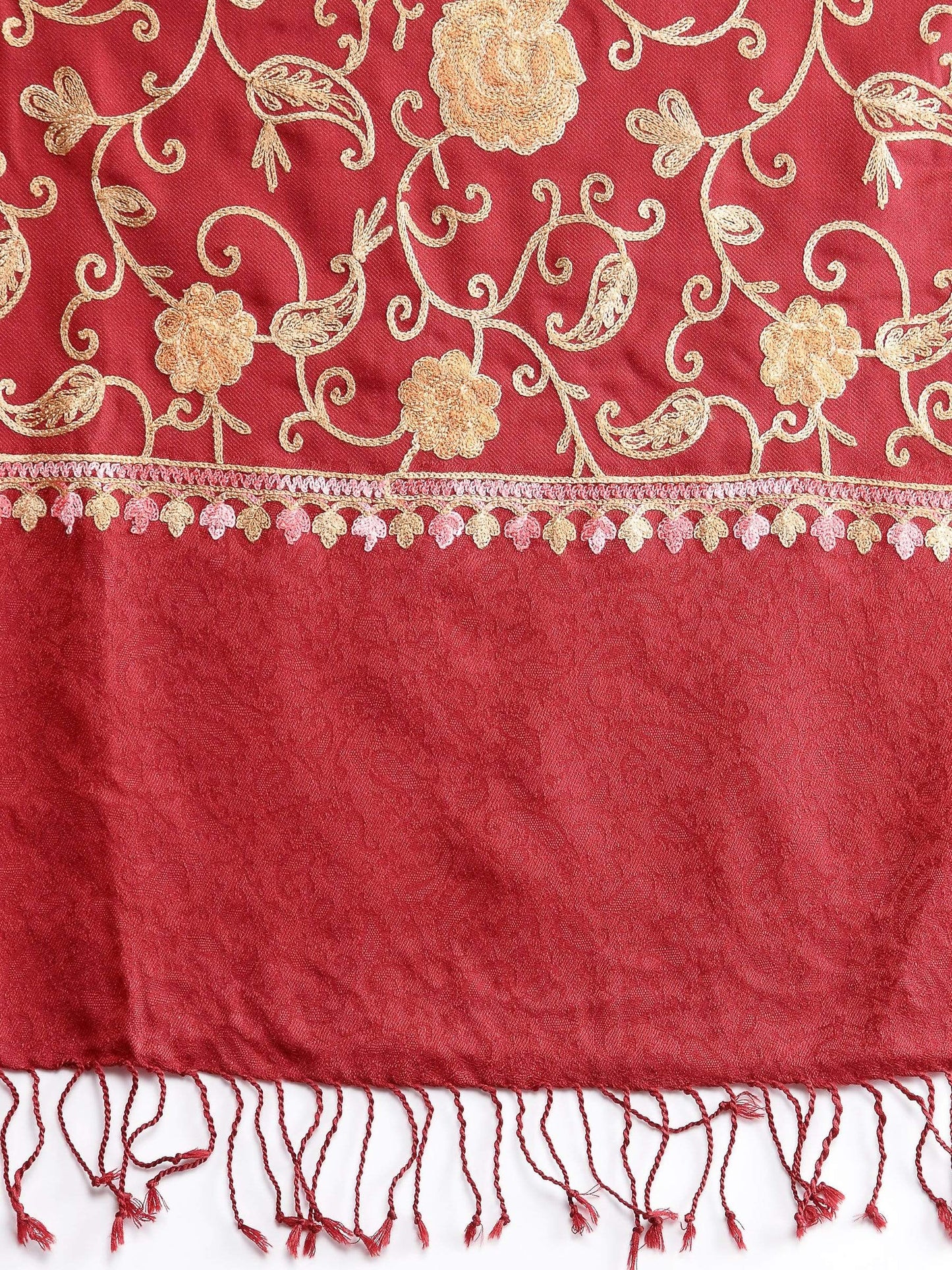 Pashtush India 100x200 Pashtush Kashmiri Aari Embroidery Stole, Fine Wool, Maroon