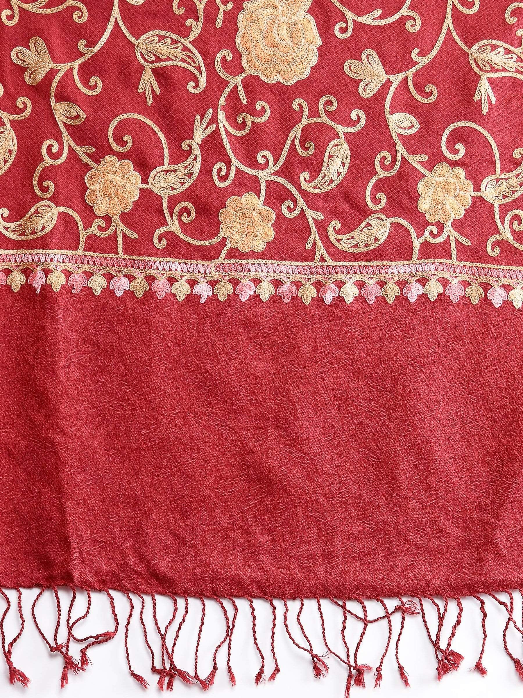 Pashtush India 100x200 Pashtush Kashmiri Aari Embroidery Stole, Fine Wool, Maroon