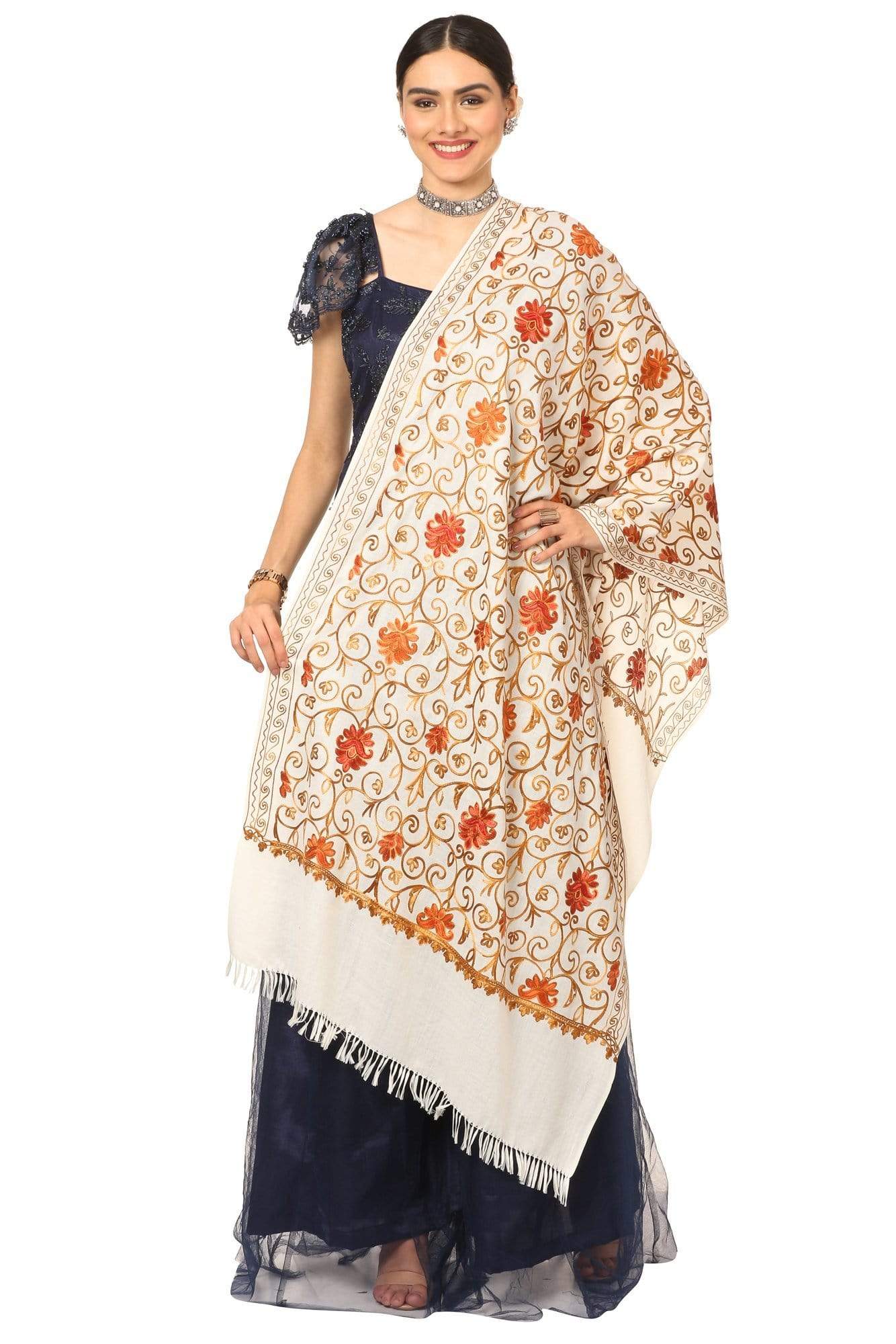 Pashtush India Stole Pashtush Kashmiri Aari Embroidery Stole, Fine Wool, White