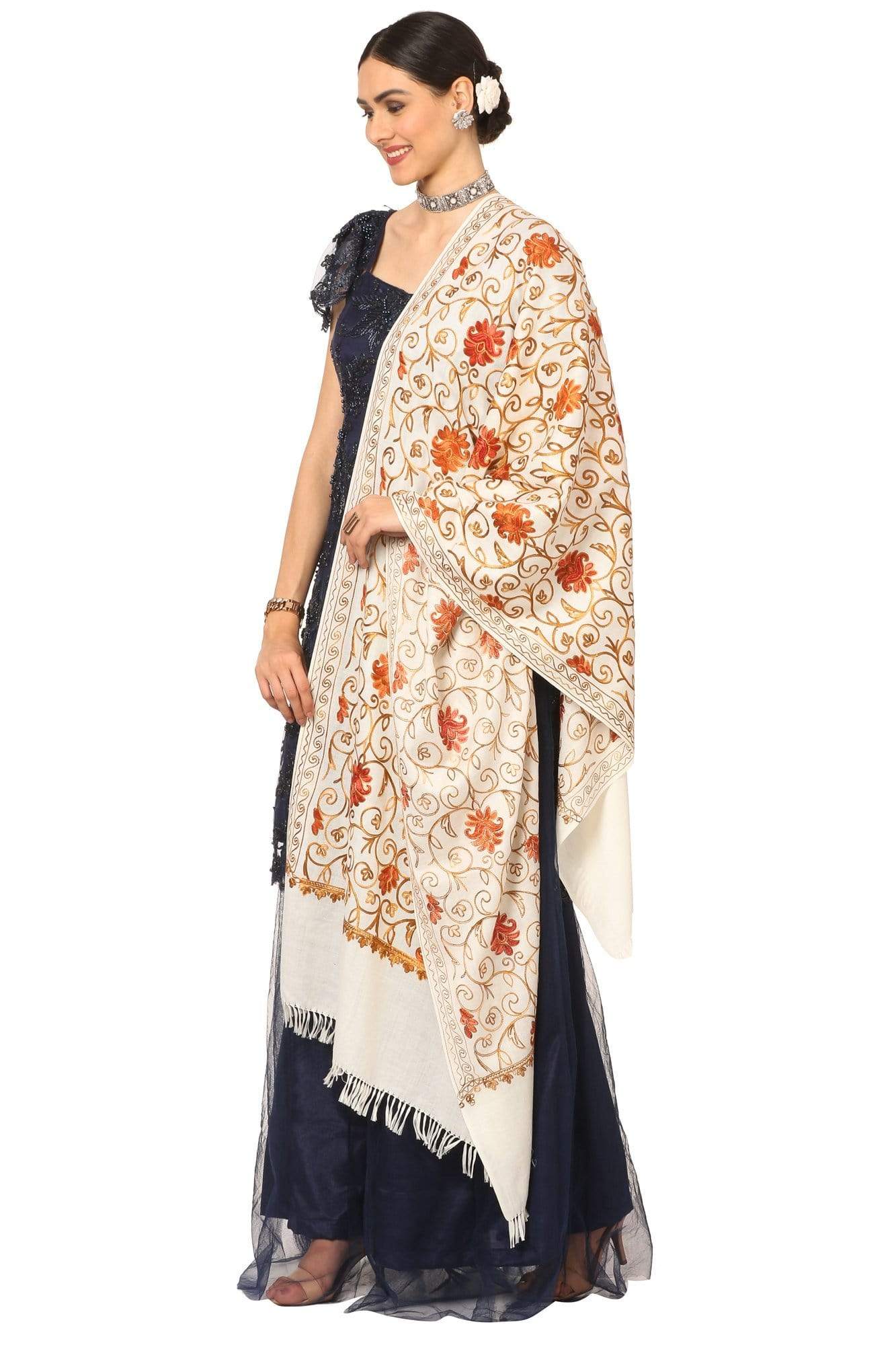 Pashtush India Stole Pashtush Kashmiri Aari Embroidery Stole, Fine Wool, White