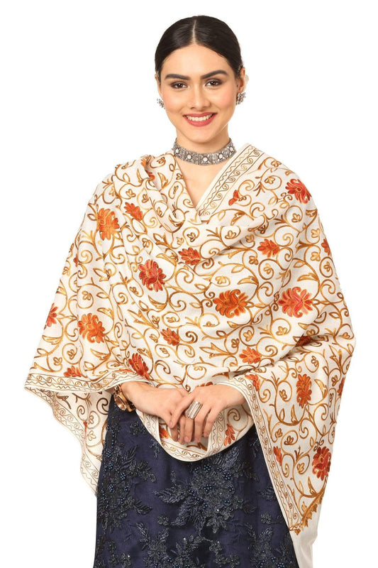 Pashtush India Stole Pashtush Kashmiri Aari Embroidery Stole, Fine Wool, White