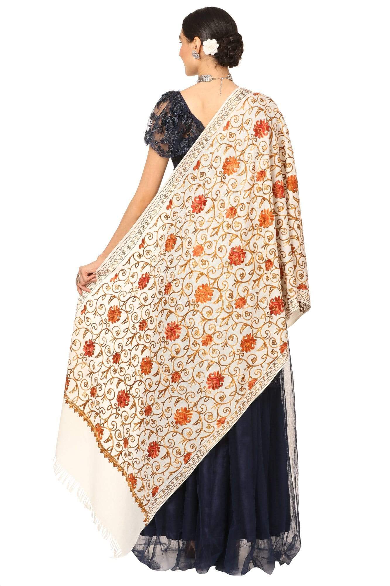 Pashtush India Stole Pashtush Kashmiri Aari Embroidery Stole, Fine Wool, White