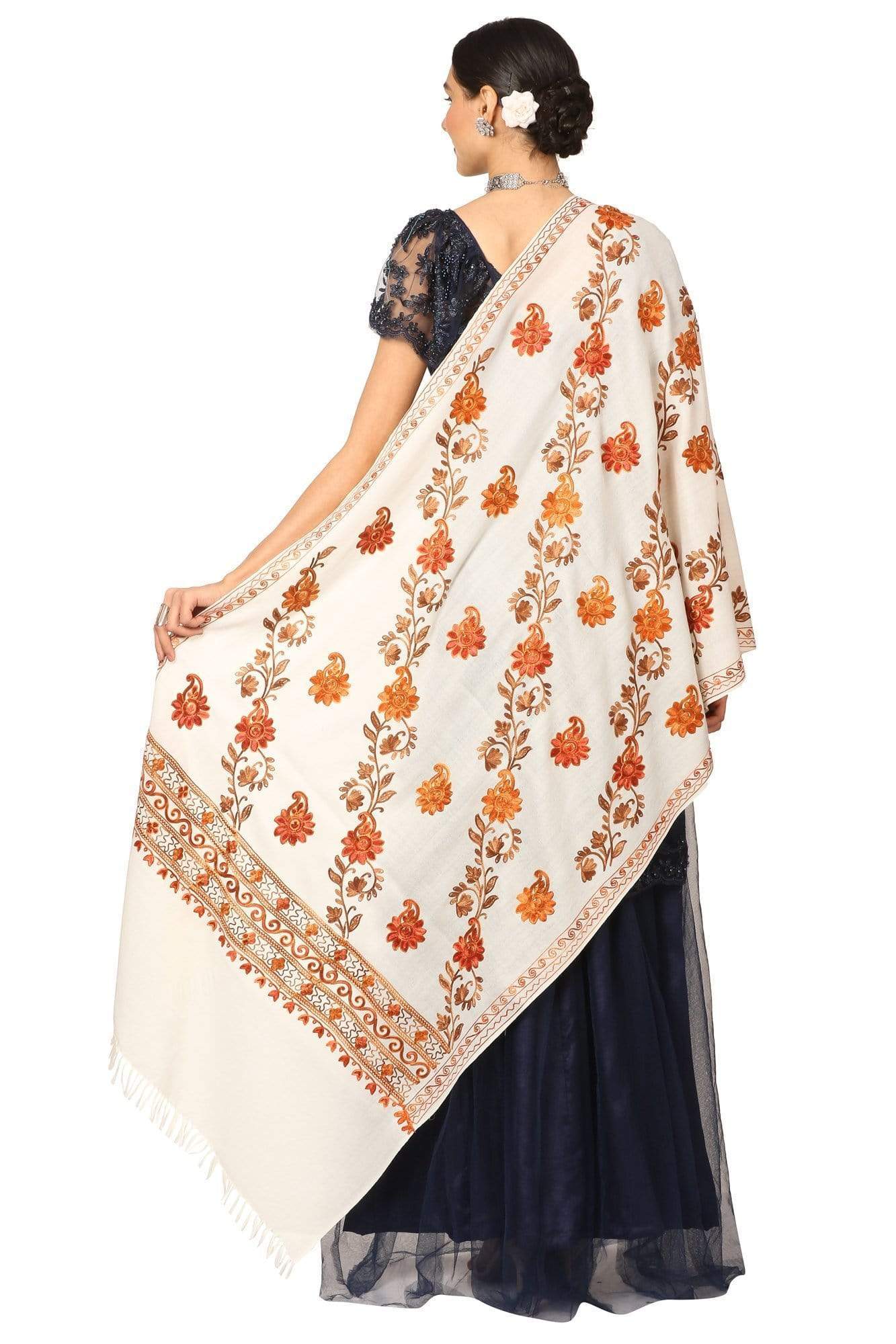 Pashtush India 70x200 Pashtush Kashmiri Aari Embroidery Stole, Fine Wool, White