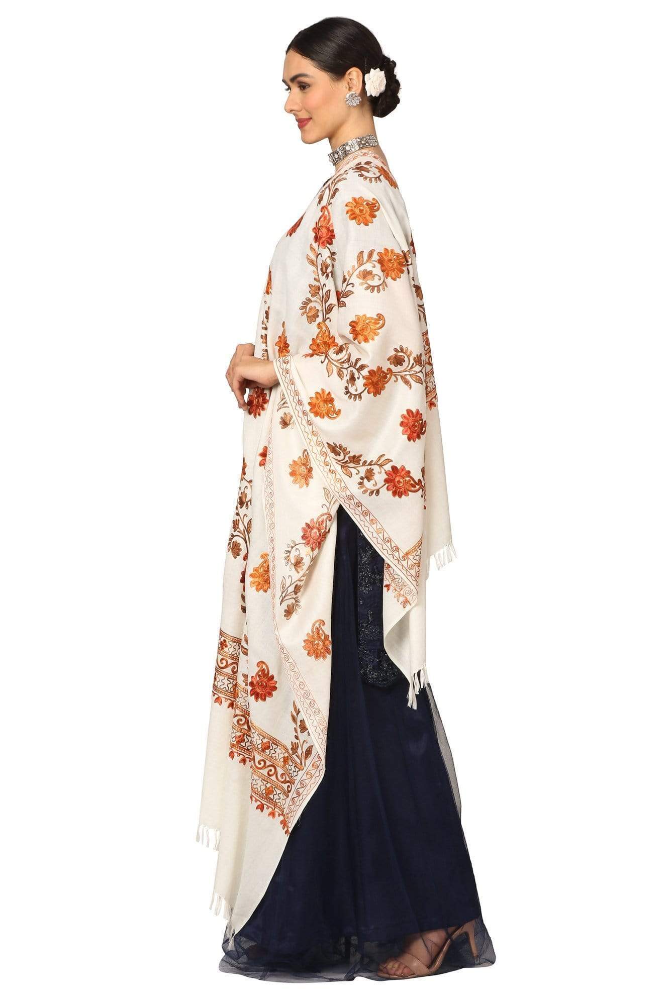 Pashtush India 70x200 Pashtush Kashmiri Aari Embroidery Stole, Fine Wool, White
