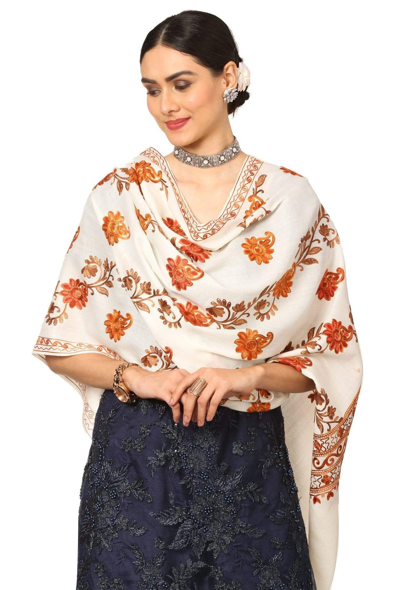Pashtush India 70x200 Pashtush Kashmiri Aari Embroidery Stole, Fine Wool, White