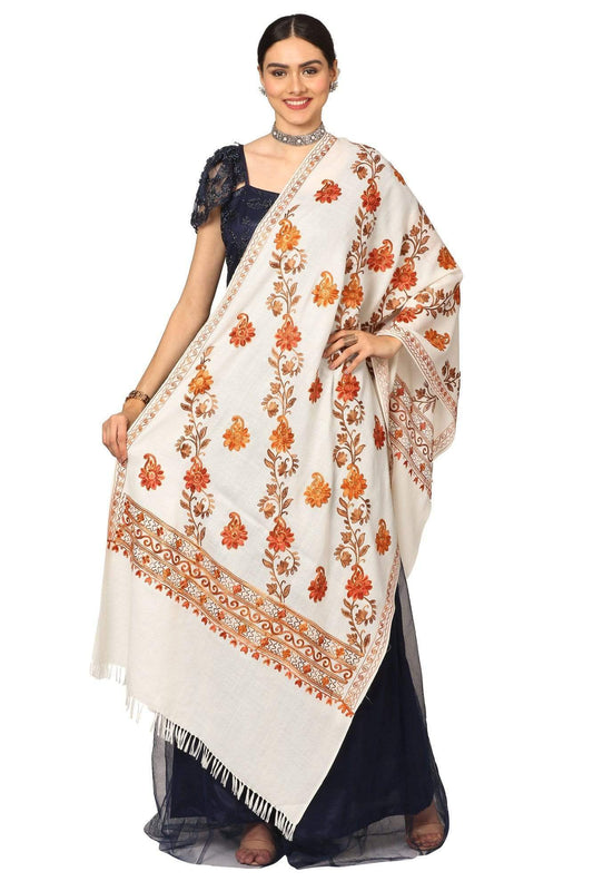 Pashtush India 70x200 Pashtush Kashmiri Aari Embroidery Stole, Fine Wool, White
