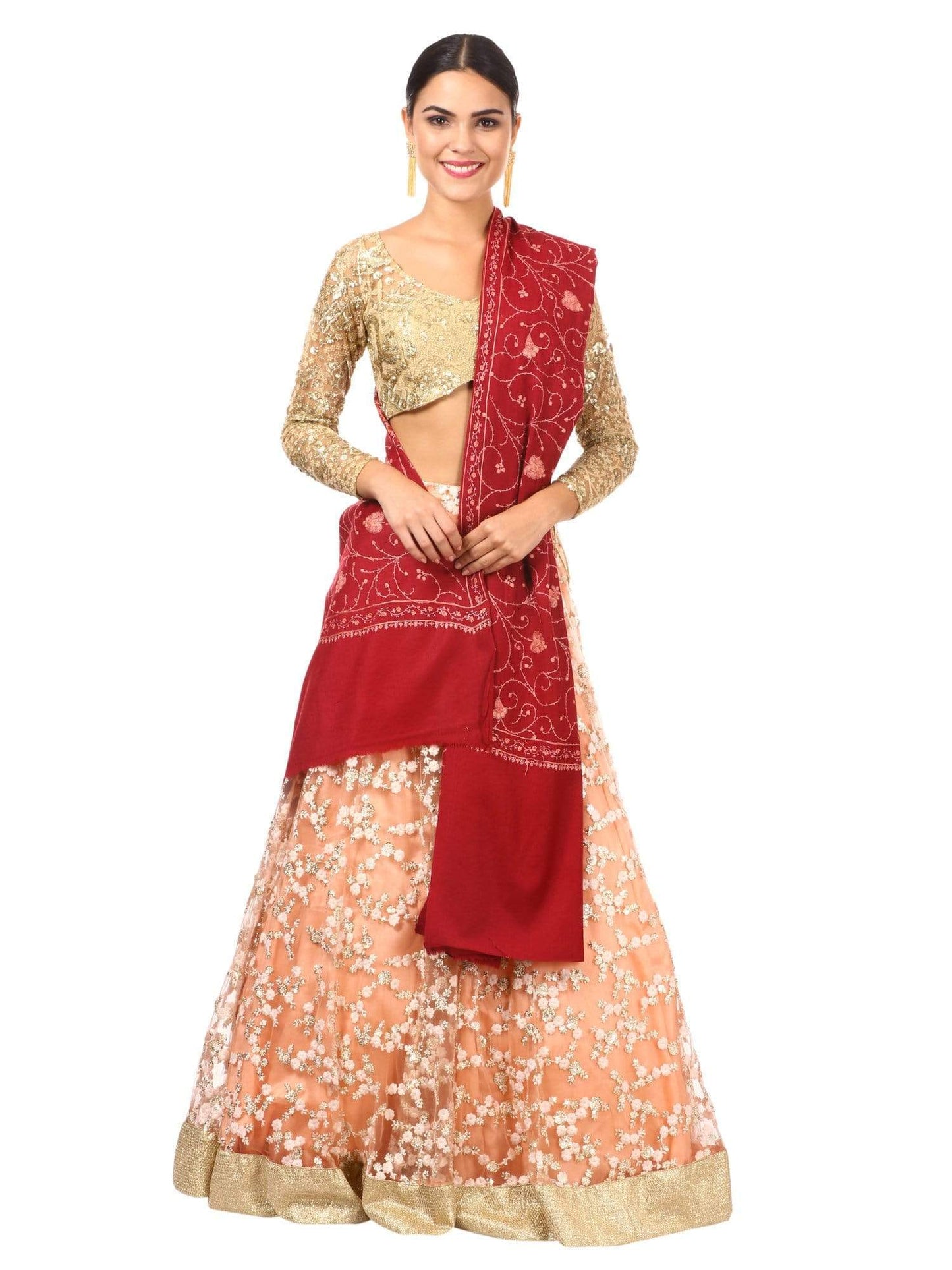 Pashtush India 100x200 Pashtush Kashmiri Embroidery Jaal, Bridal Collection, pure wool  (maroon)