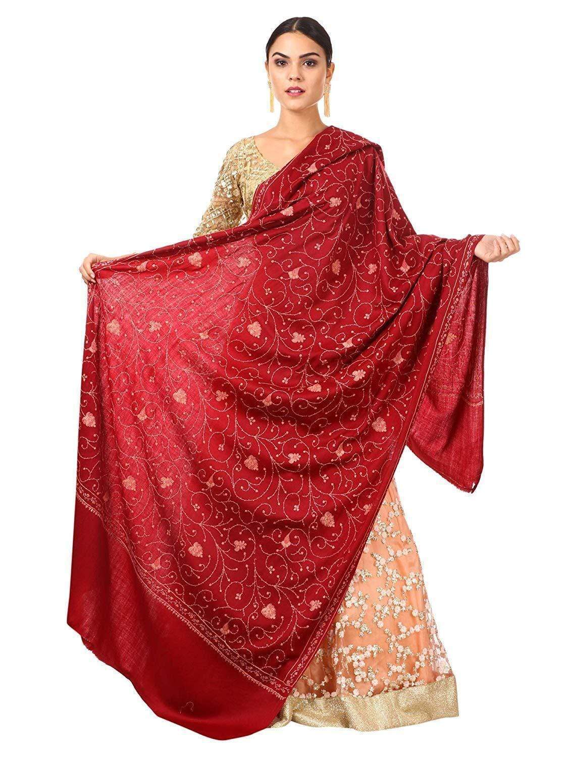 Pashtush India 100x200 Pashtush Kashmiri Embroidery Jaal, Bridal Collection, pure wool  (maroon)