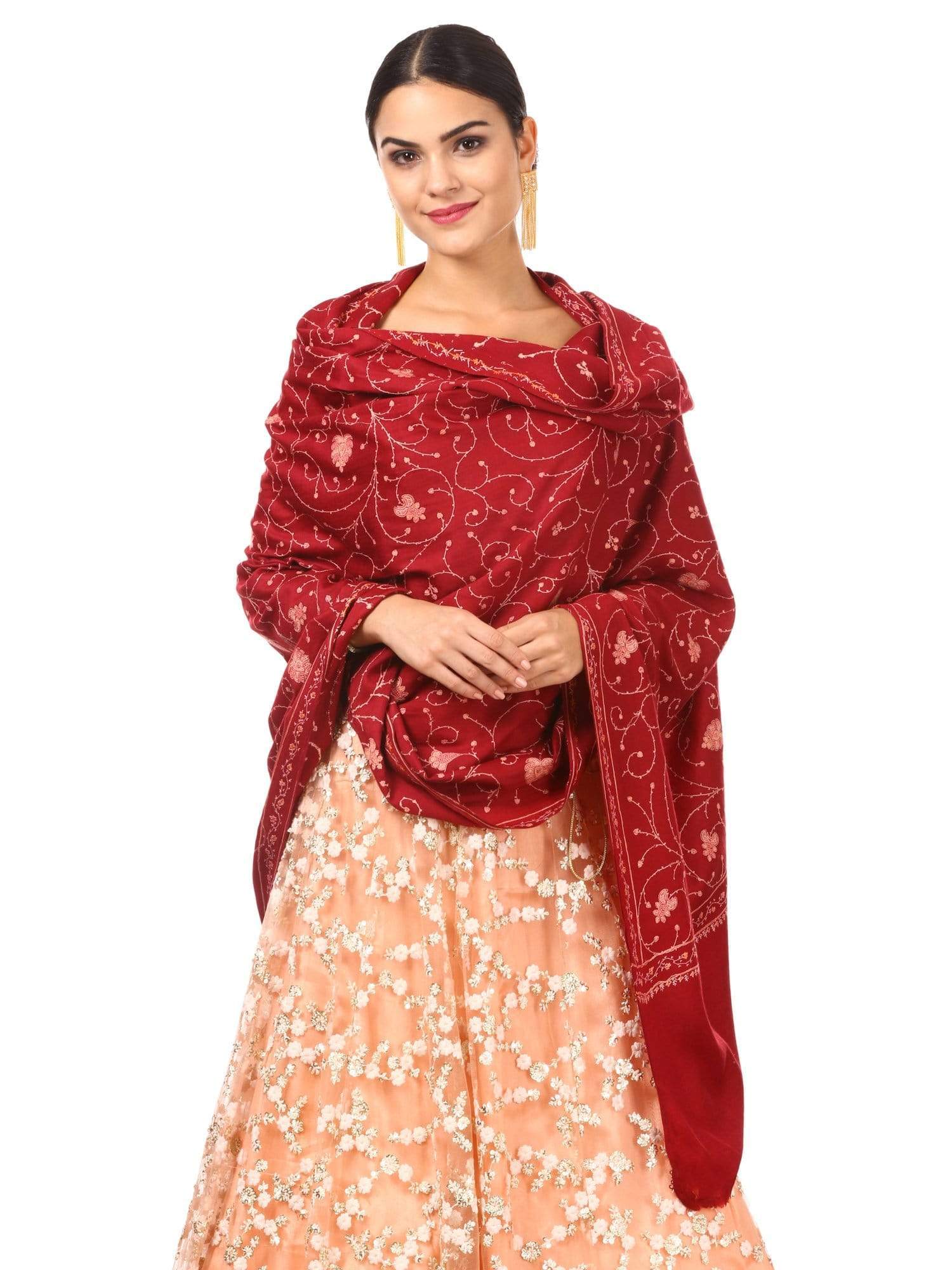 Pashtush India 100x200 Pashtush Kashmiri Embroidery Jaal, Bridal Collection, pure wool  (maroon)