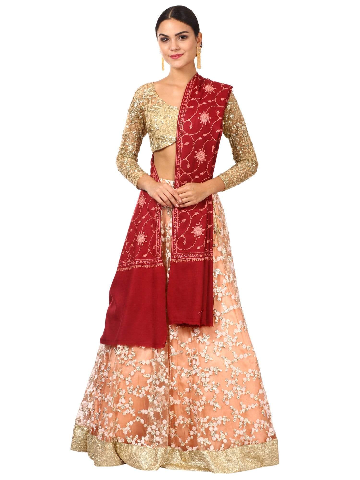 Pashtush India 100x200 Pashtush Kashmiri Embroidery Jaal, Bridal Collection, pure wool  (maroon)