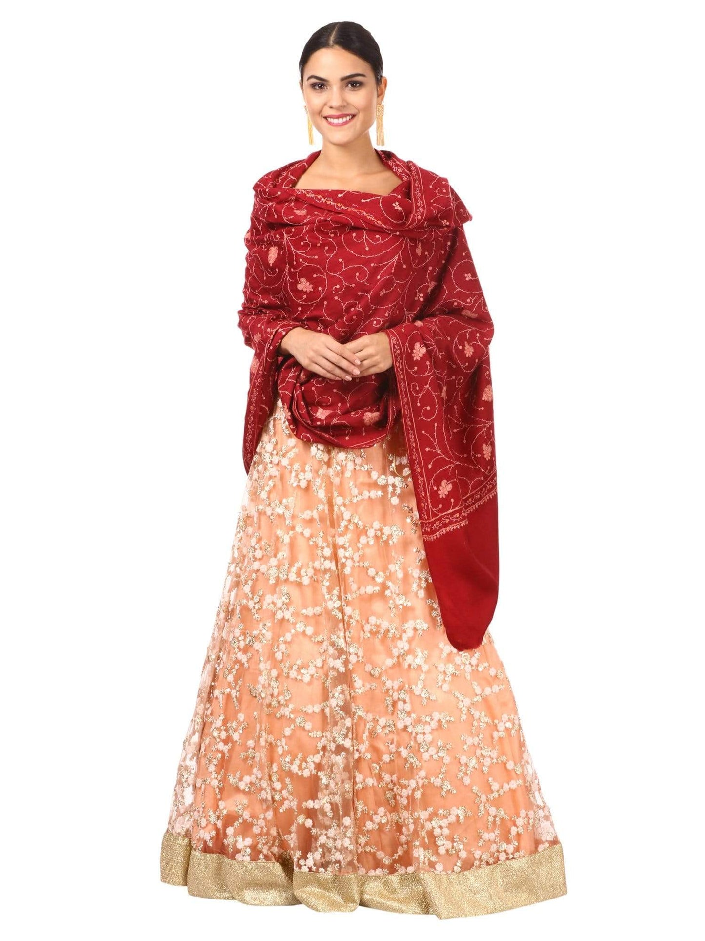 Pashtush India 100x200 Pashtush Kashmiri Embroidery Jaal, Bridal Collection, pure wool  (maroon)