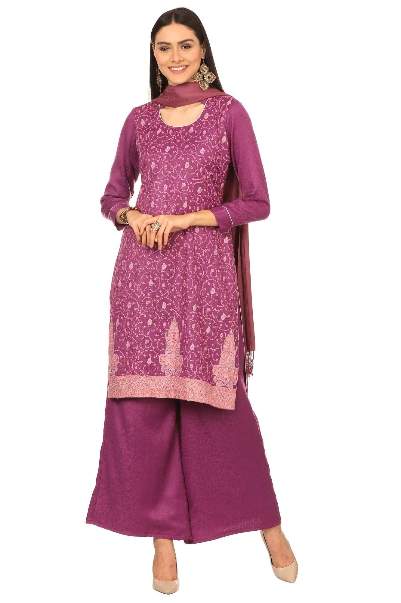 Pashtush India Stole Pashtush Kashmiri Embroidery Suit, Extra Fine Merino Wool, Soft Pashmina Feel Texture. With Self Stole (unstitched) - Peel