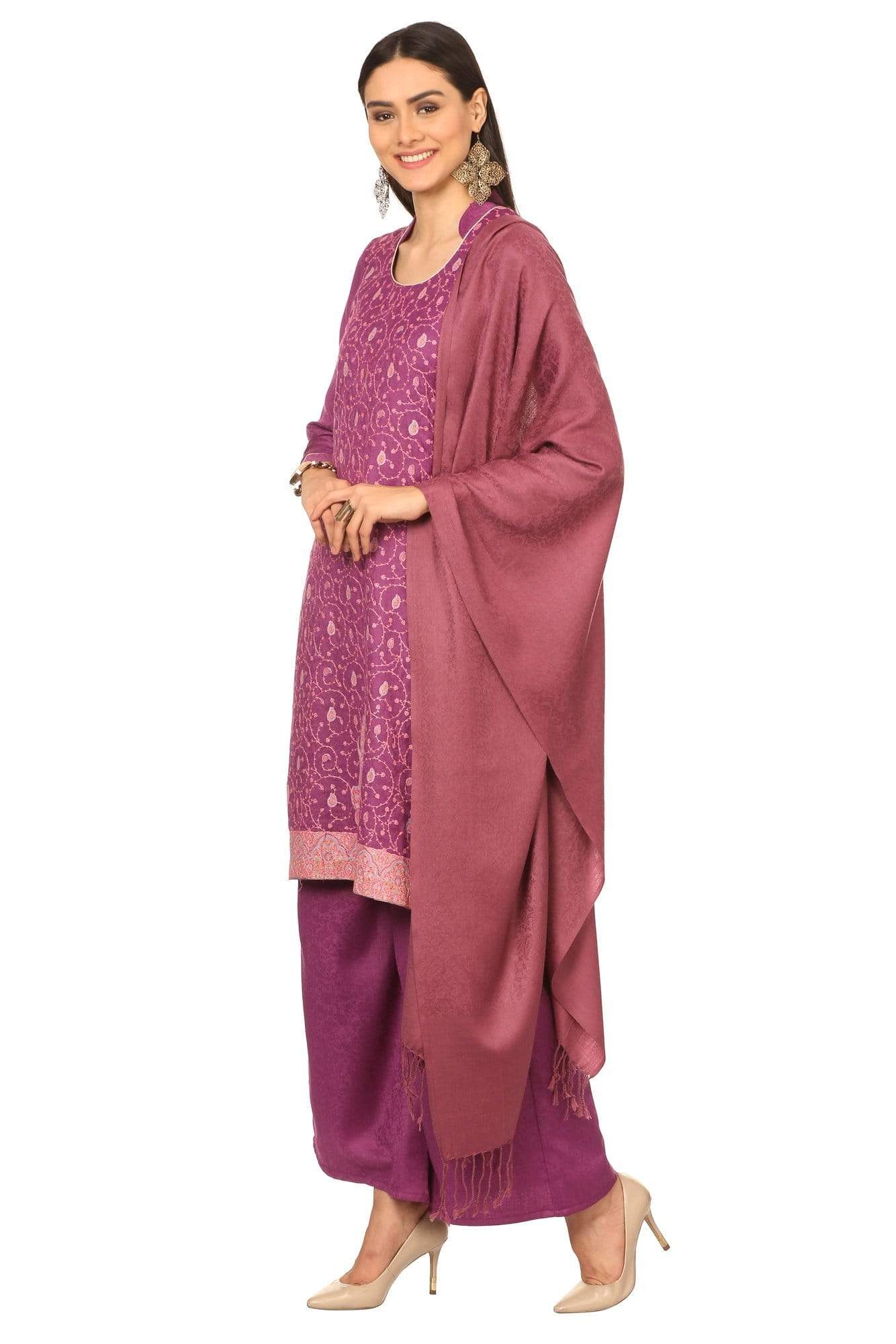 Pashtush India Stole Pashtush Kashmiri Embroidery Suit, Extra Fine Merino Wool, Soft Pashmina Feel Texture. With Self Stole (unstitched) - Peel