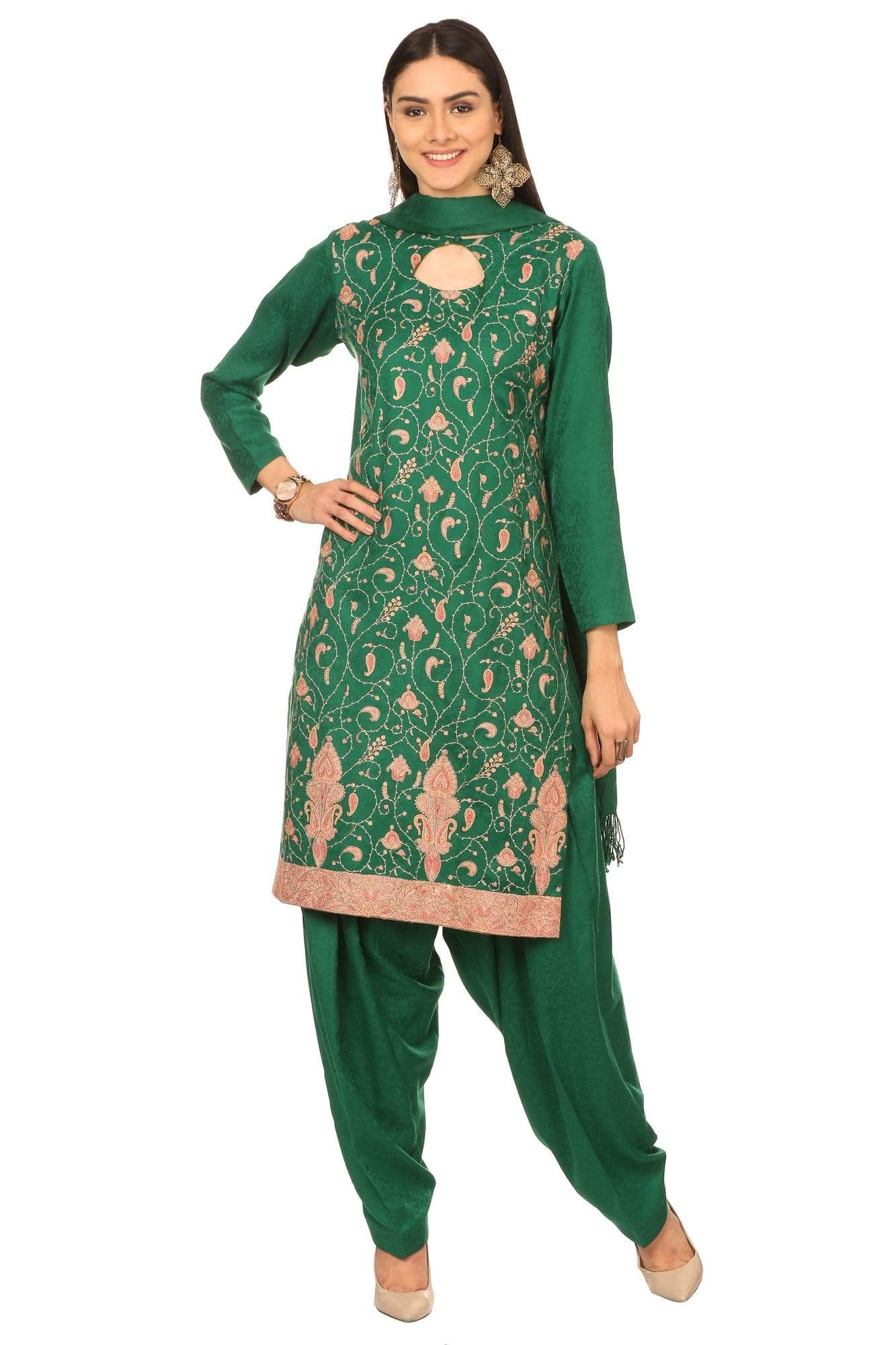 Pashtush India Stole Pashtush Kashmiri Embroidery Suit, Extra Fine Merino Wool, Soft Pashmina Feel Texture. With Self Stole (unstitched) - Bottle Green