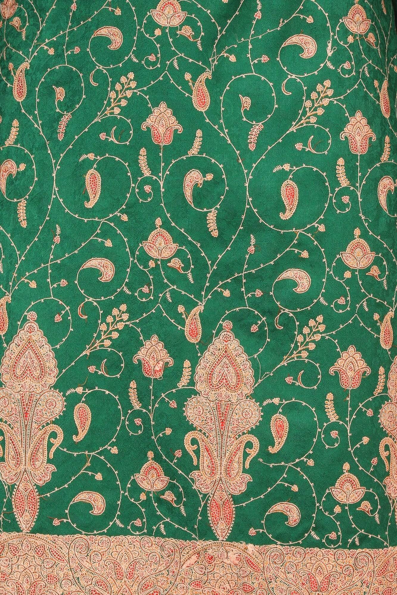 Pashtush India Stole Pashtush Kashmiri Embroidery Suit, Extra Fine Merino Wool, Soft Pashmina Feel Texture. With Self Stole (unstitched) - Bottle Green