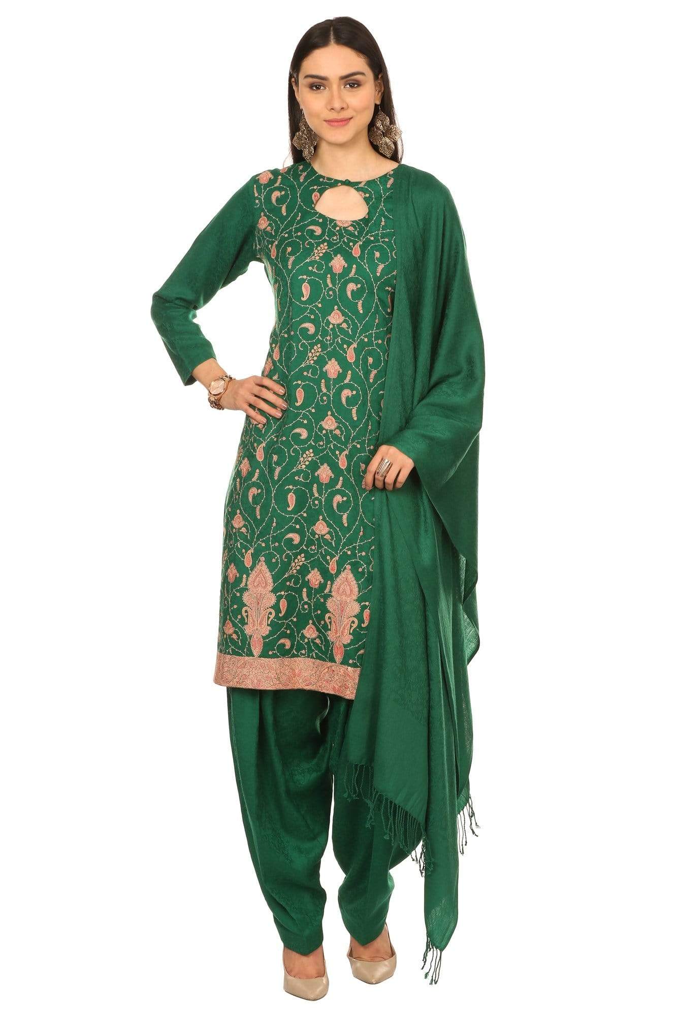 Pashtush India Stole Pashtush Kashmiri Embroidery Suit, Extra Fine Merino Wool, Soft Pashmina Feel Texture. With Self Stole (unstitched) - Bottle Green