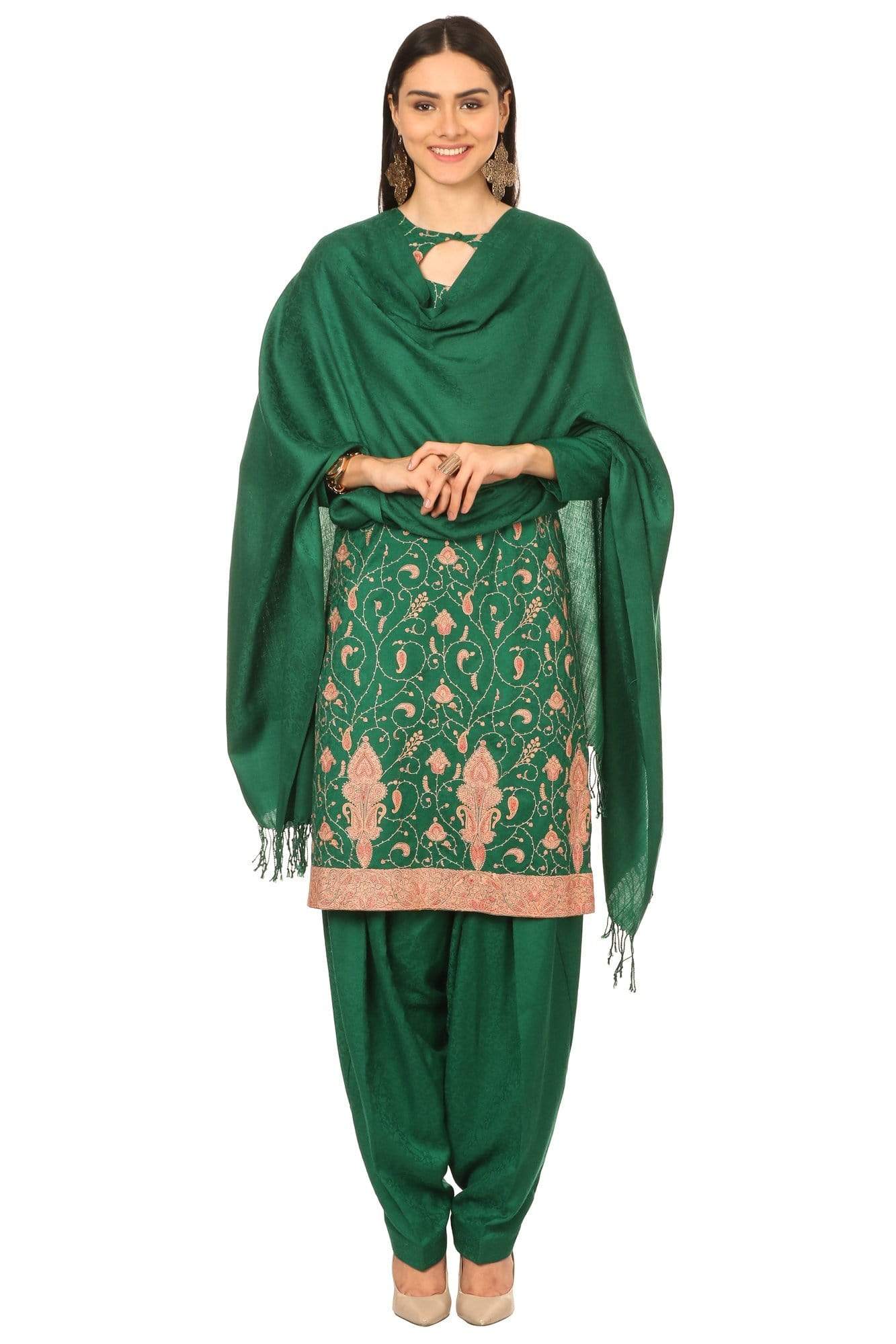 Pashtush India Stole Pashtush Kashmiri Embroidery Suit, Extra Fine Merino Wool, Soft Pashmina Feel Texture. With Self Stole (unstitched) - Bottle Green