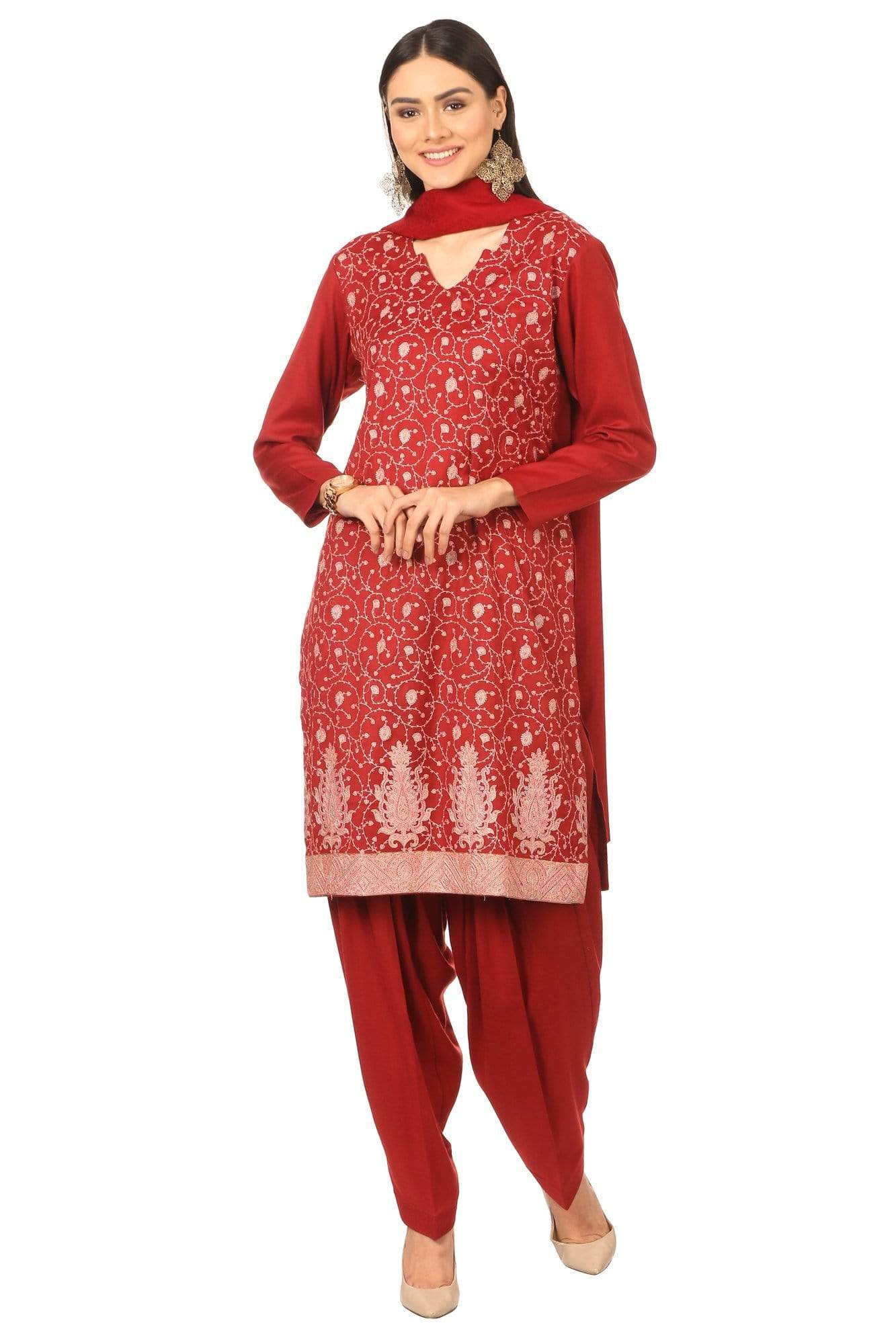 Pashtush India Stole Pashtush Kashmiri Embroidery Suit, Extra Fine Merino Wool, Soft Pashmina Feel Texture. With Self Stole (unstitched) - Crimson Maroon