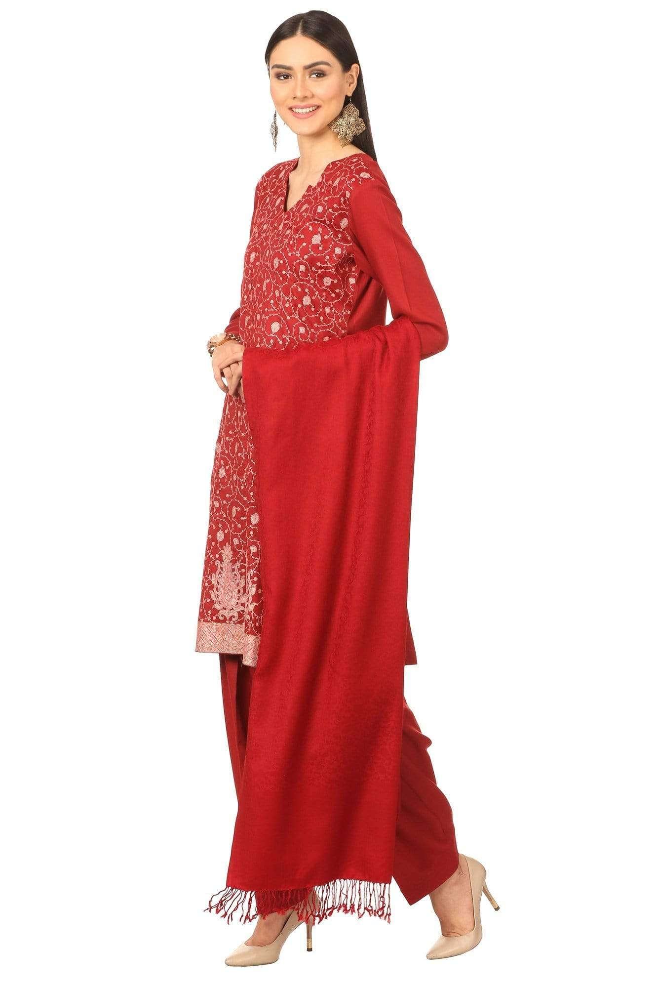 Pashtush India Stole Pashtush Kashmiri Embroidery Suit, Extra Fine Merino Wool, Soft Pashmina Feel Texture. With Self Stole (unstitched) - Crimson Maroon