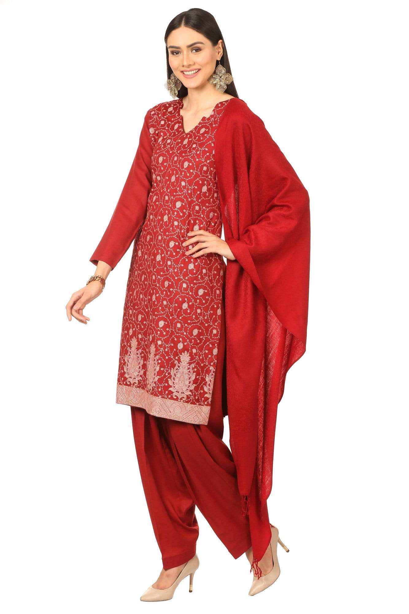 Pashtush India Stole Pashtush Kashmiri Embroidery Suit, Extra Fine Merino Wool, Soft Pashmina Feel Texture. With Self Stole (unstitched) - Crimson Maroon