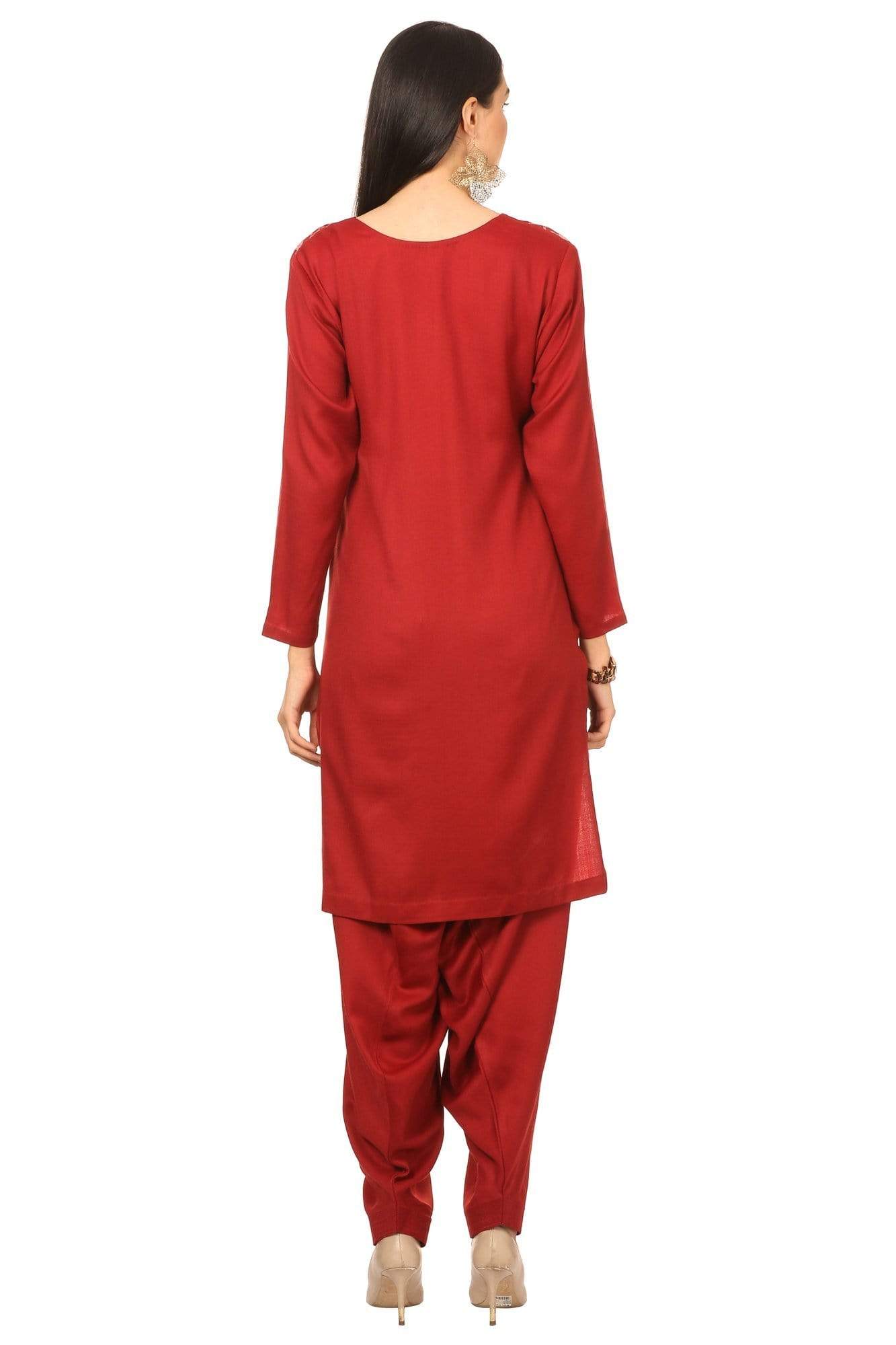 Pashtush India Stole Pashtush Kashmiri Embroidery Suit, Extra Fine Merino Wool, Soft Pashmina Feel Texture. With Self Stole (unstitched) - Crimson Maroon