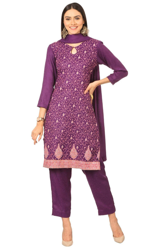 Pashtush India Stole Pashtush Kashmiri Embroidery Suit, Extra Fine Merino Wool, Soft Pashmina Feel Texture. With Self Stole (unstitched) - Deep Purple