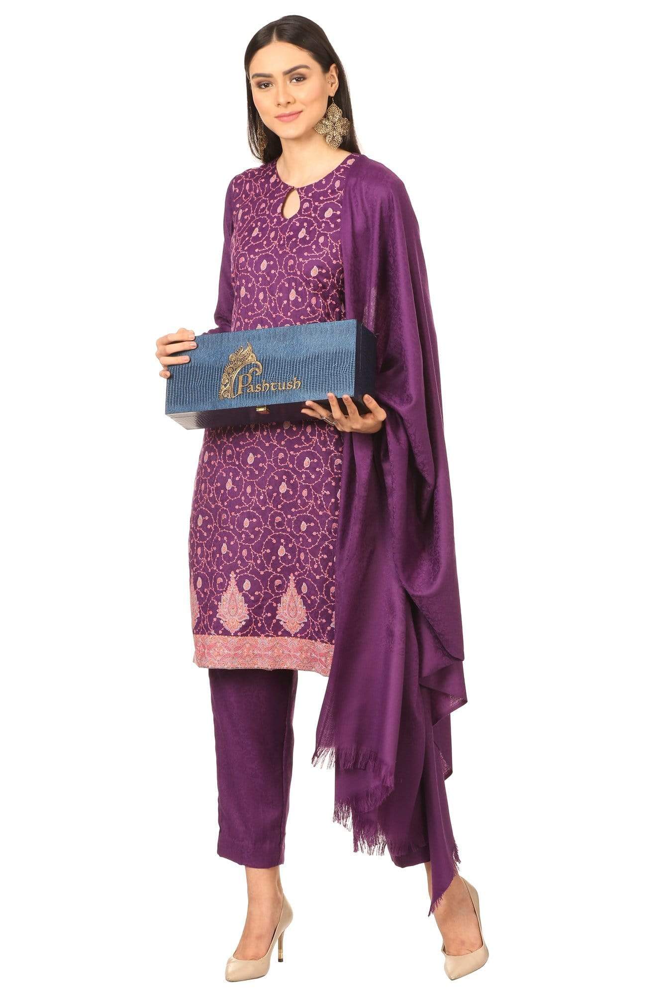 Pashtush India Stole Pashtush Kashmiri Embroidery Suit, Extra Fine Merino Wool, Soft Pashmina Feel Texture. With Self Stole (unstitched) - Deep Purple