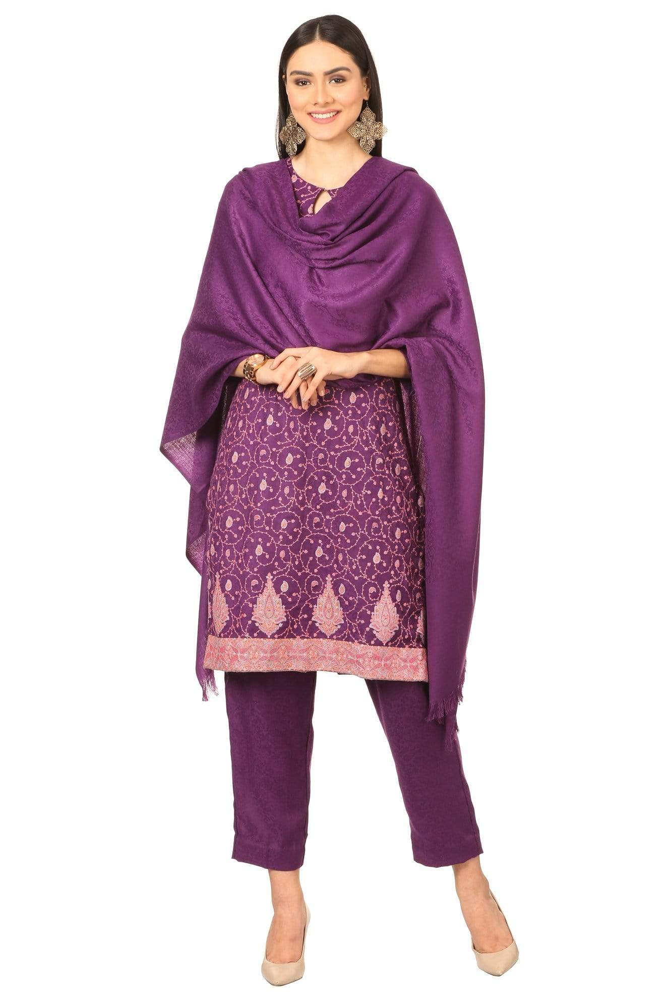 Pashtush India Stole Pashtush Kashmiri Embroidery Suit, Extra Fine Merino Wool, Soft Pashmina Feel Texture. With Self Stole (unstitched) - Deep Purple