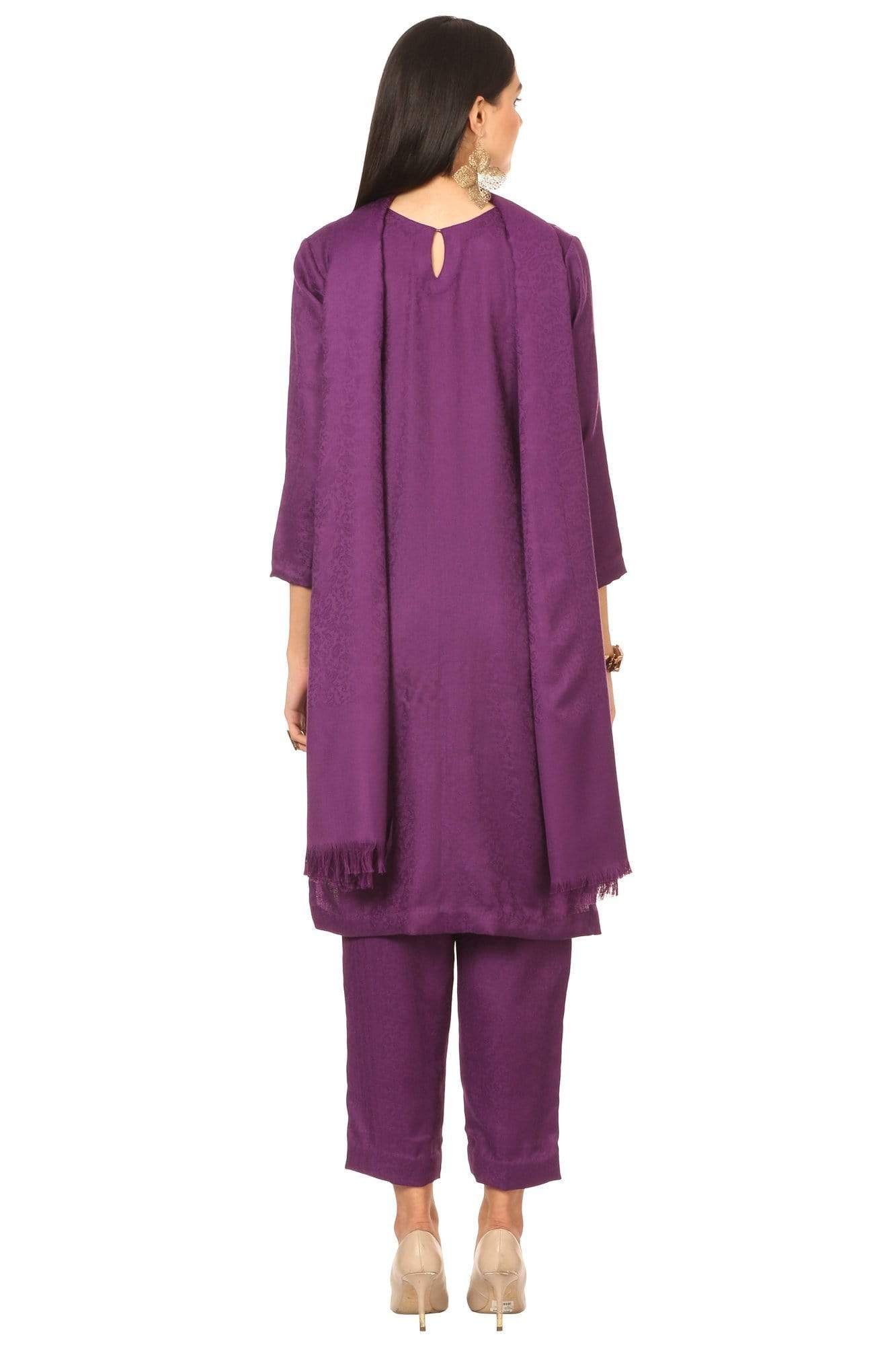 Pashtush India Stole Pashtush Kashmiri Embroidery Suit, Extra Fine Merino Wool, Soft Pashmina Feel Texture. With Self Stole (unstitched) - Deep Purple