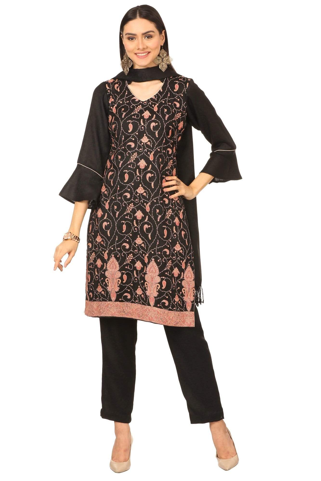 Pashtush India Stole Pashtush Kashmiri Embroidery Suit, Extra Fine Merino Wool, Soft Pashmina Feel Texture. With Self Stole (unstitched) - Rich Black