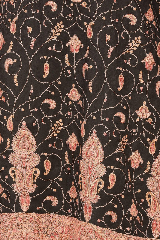 Pashtush India Stole Pashtush Kashmiri Embroidery Suit, Extra Fine Merino Wool, Soft Pashmina Feel Texture. With Self Stole (unstitched) - Rich Black