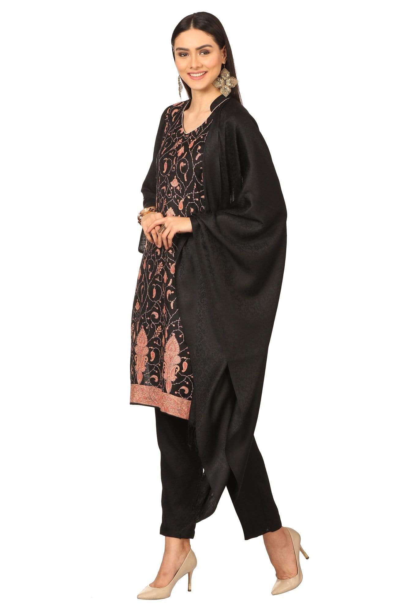 Pashtush India Stole Pashtush Kashmiri Embroidery Suit, Extra Fine Merino Wool, Soft Pashmina Feel Texture. With Self Stole (unstitched) - Rich Black