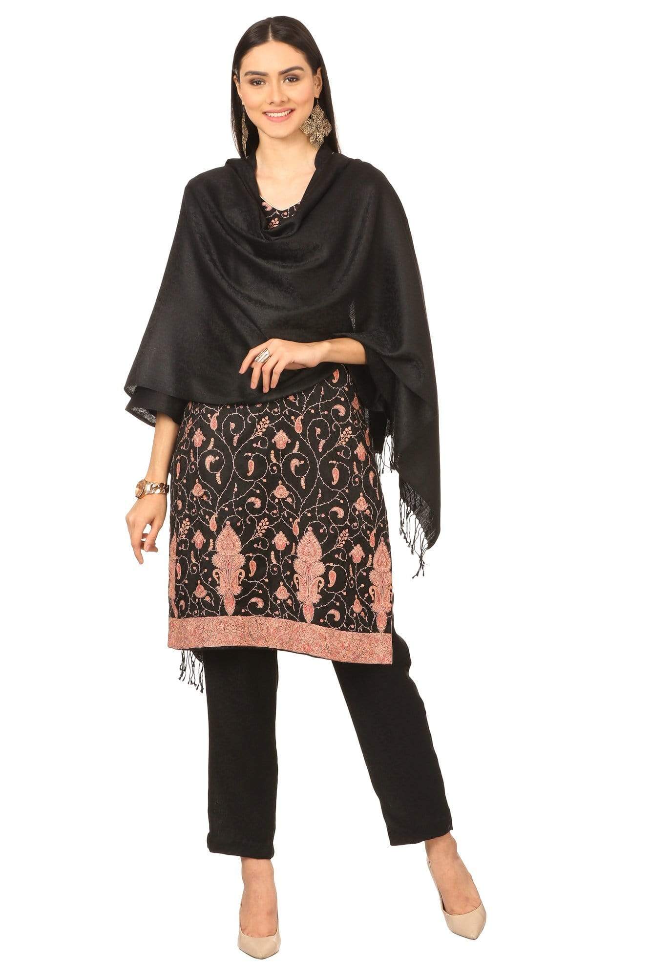 Pashtush India Stole Pashtush Kashmiri Embroidery Suit, Extra Fine Merino Wool, Soft Pashmina Feel Texture. With Self Stole (unstitched) - Rich Black