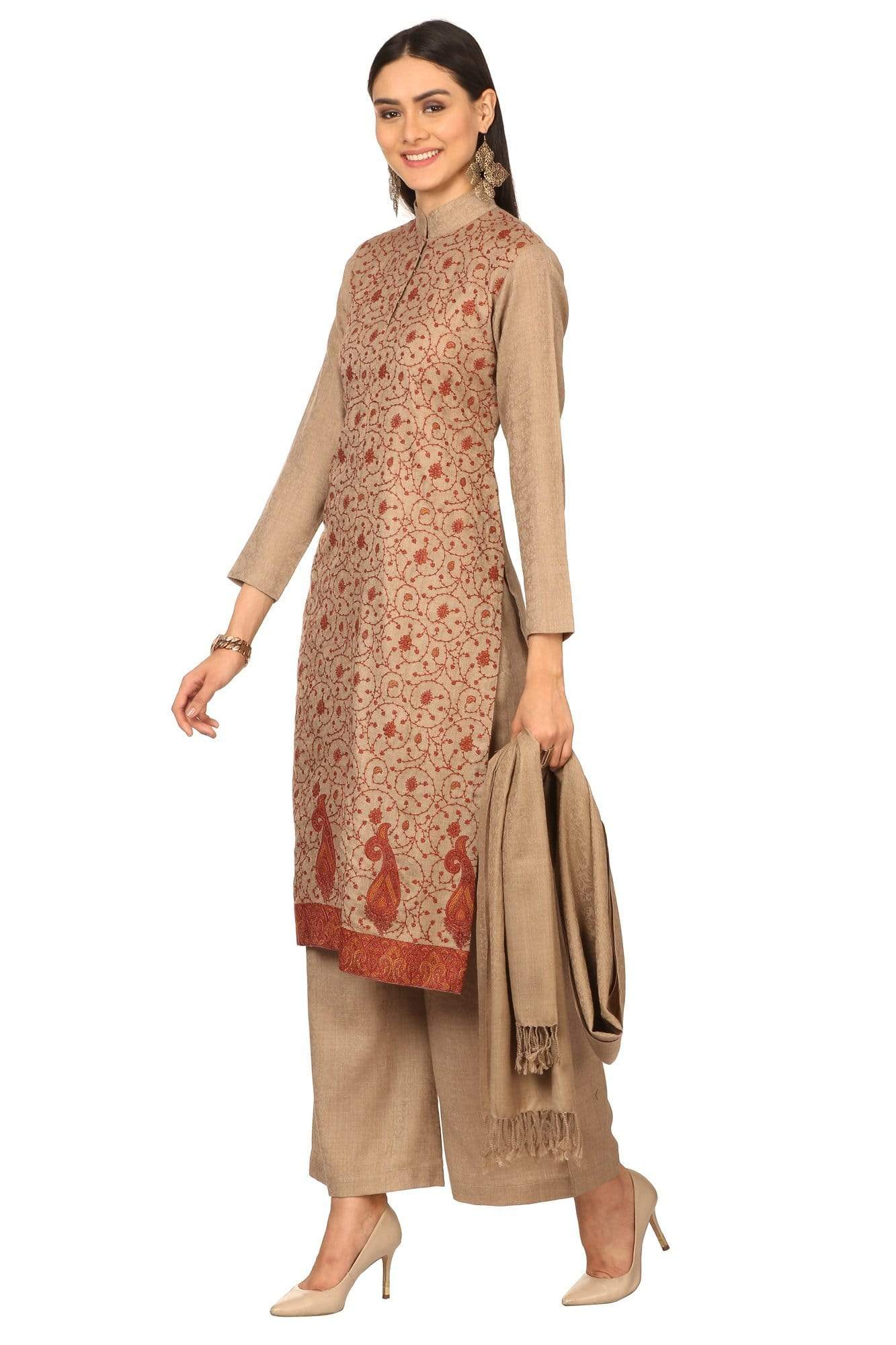 Pashtush India Stole Pashtush Kashmiri Embroidery Suit, Extra Fine Merino Wool, Soft Pashmina Feel Texture. With Self Stole (unstitched) - Sahara