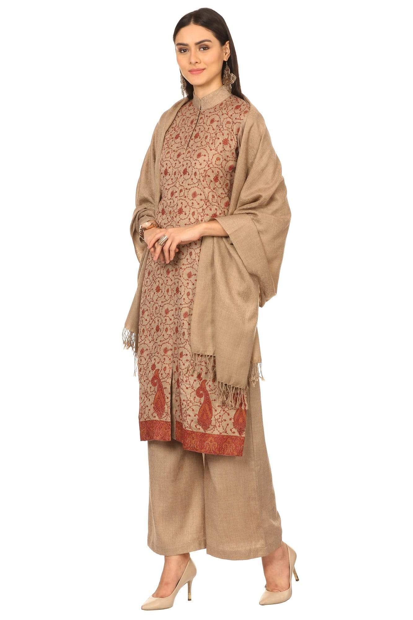 Pashtush India Stole Pashtush Kashmiri Embroidery Suit, Extra Fine Merino Wool, Soft Pashmina Feel Texture. With Self Stole (unstitched) - Sahara