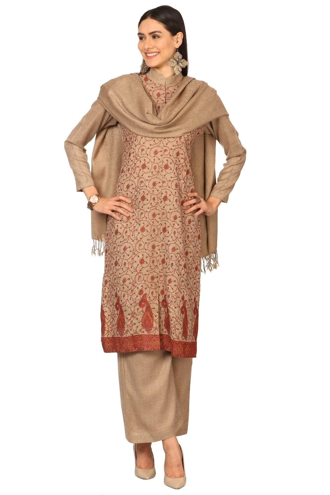 Pashtush India Stole Pashtush Kashmiri Embroidery Suit, Extra Fine Merino Wool, Soft Pashmina Feel Texture. With Self Stole (unstitched) - Sahara