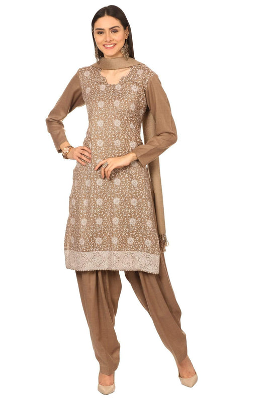 Pashtush India Stole Pashtush Kashmiri Embroidery Suit, Extra Fine Merino Wool, Soft Pashmina Feel Texture. With Self Stole (unstitched) - Tonal beige