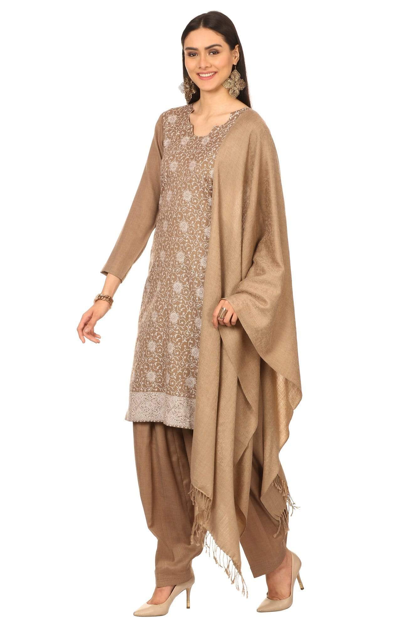Pashtush India Stole Pashtush Kashmiri Embroidery Suit, Extra Fine Merino Wool, Soft Pashmina Feel Texture. With Self Stole (unstitched) - Tonal beige