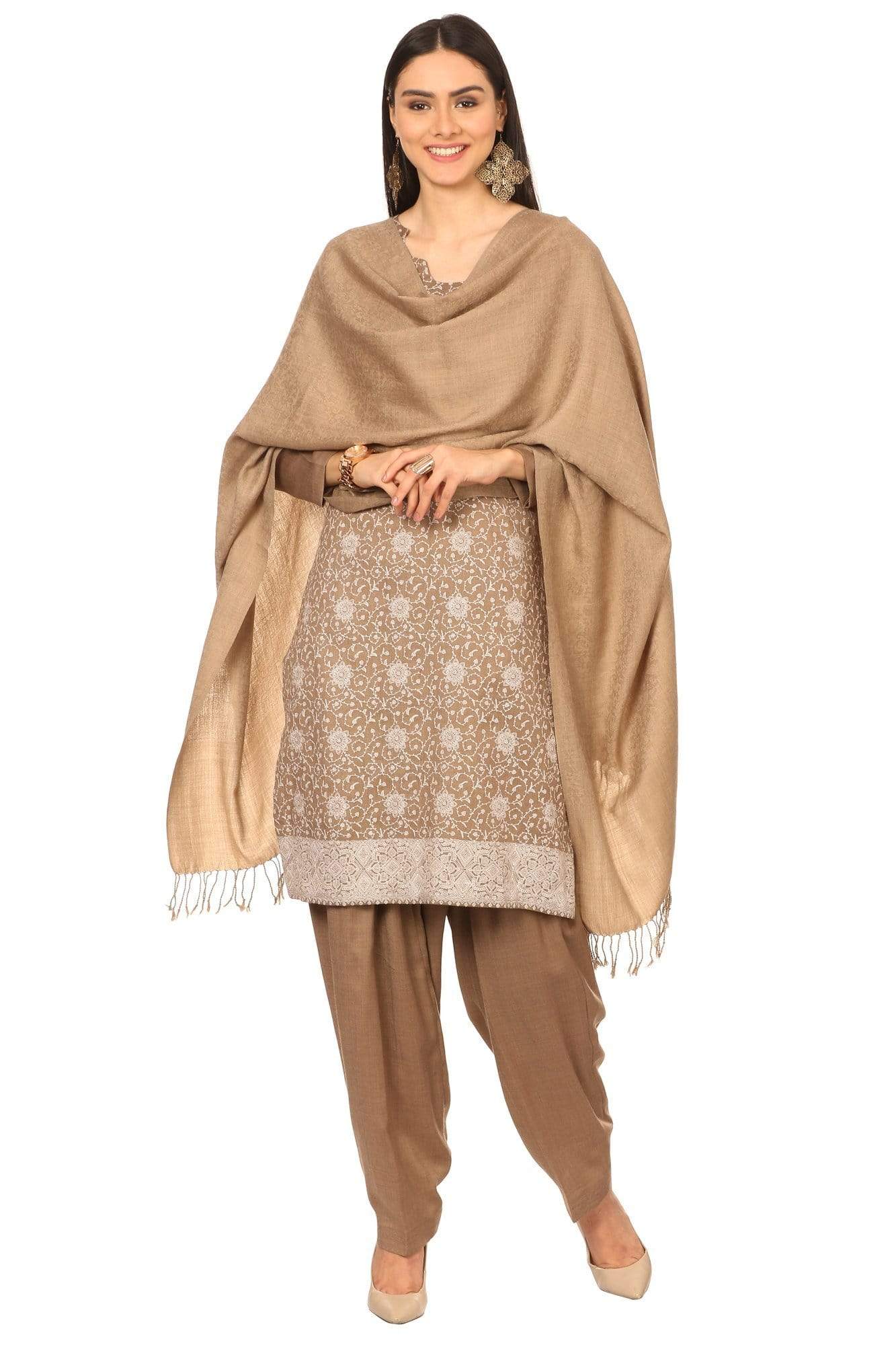 Pashtush India Stole Pashtush Kashmiri Embroidery Suit, Extra Fine Merino Wool, Soft Pashmina Feel Texture. With Self Stole (unstitched) - Tonal beige