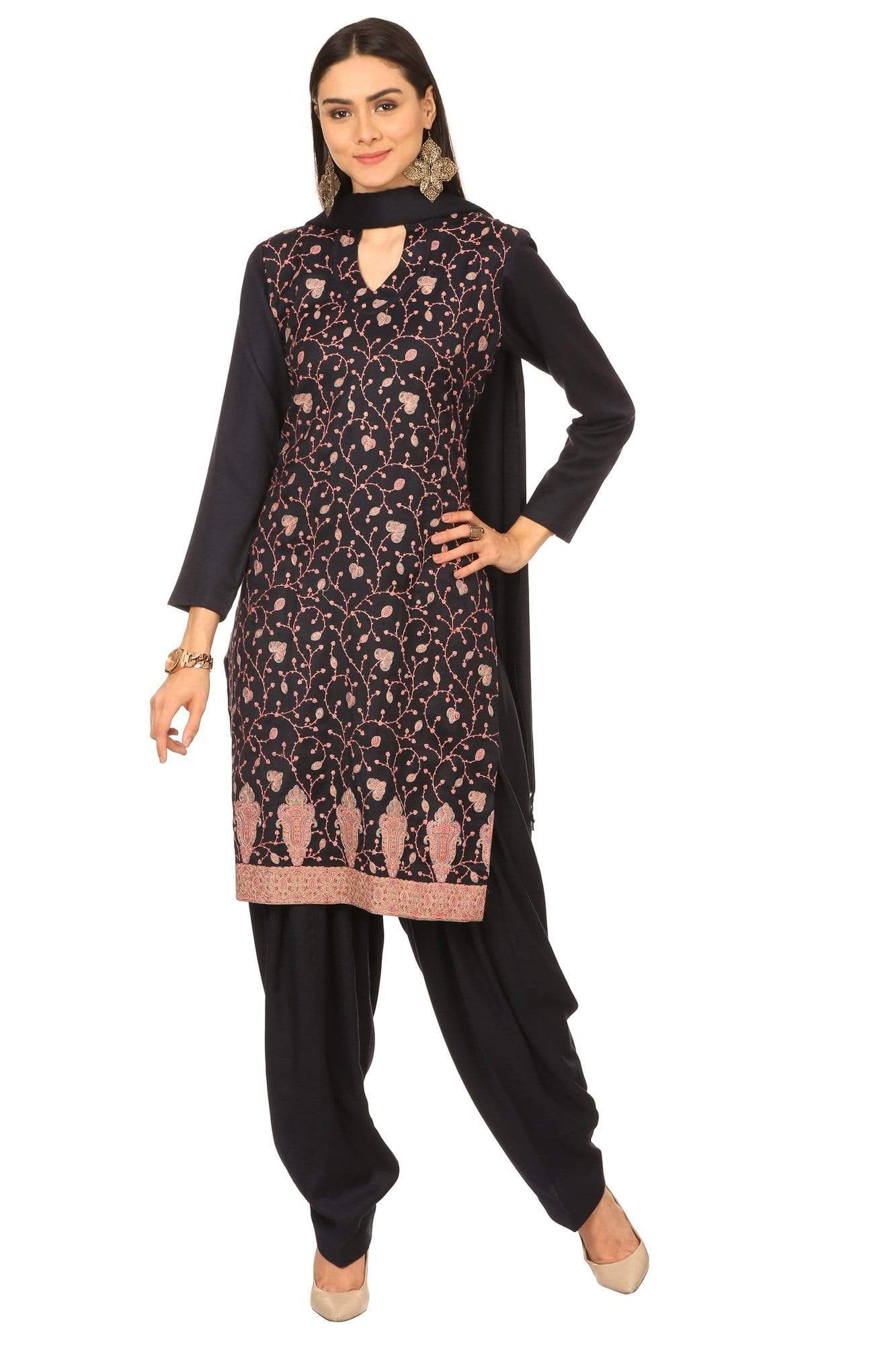 Pashtush India Stole Pashtush Kashmiri Embroidery Suit, With Self Stole (unstitched) - Midnight Blue